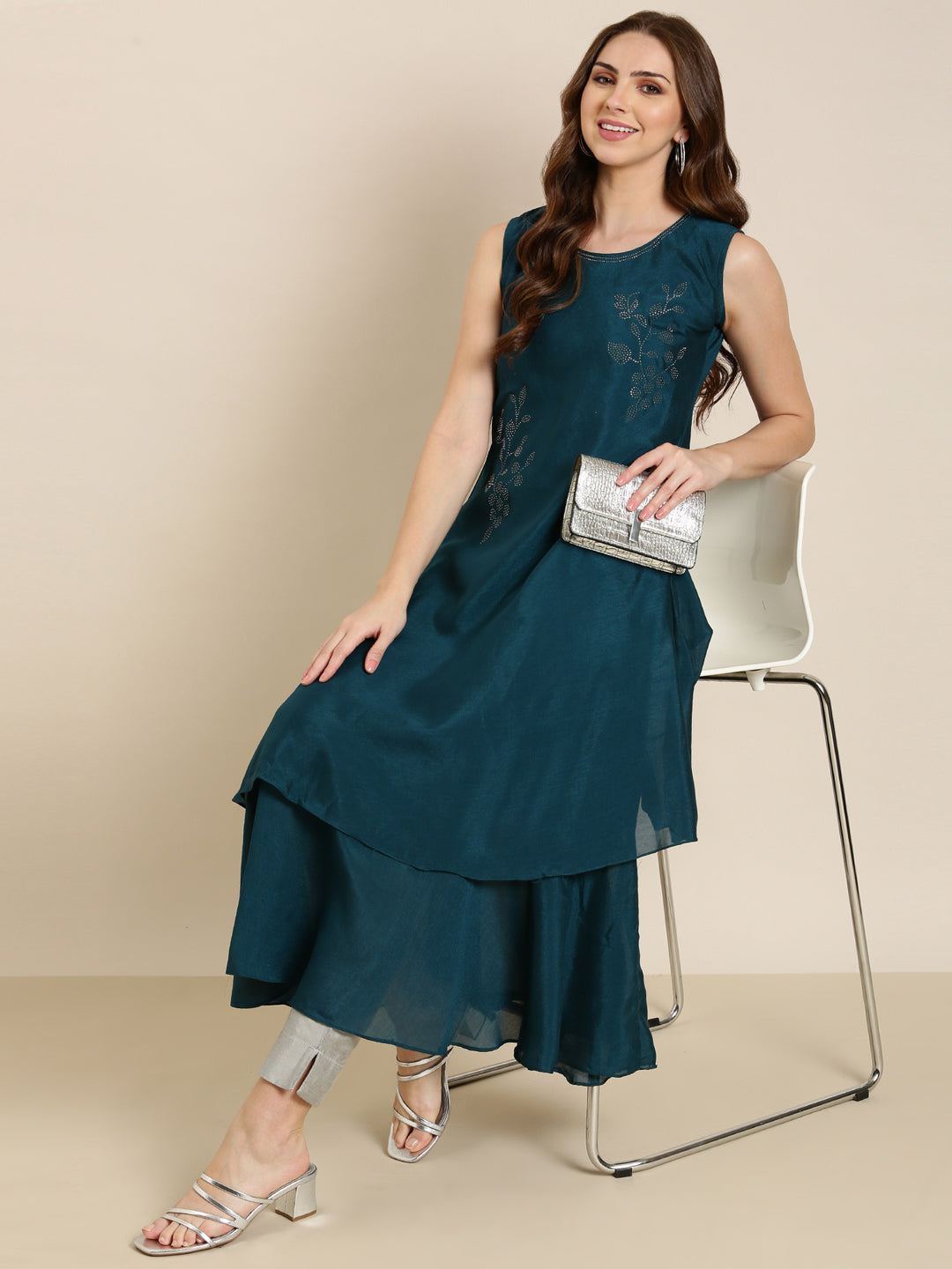 Women Teal Solid A-Line Kurta