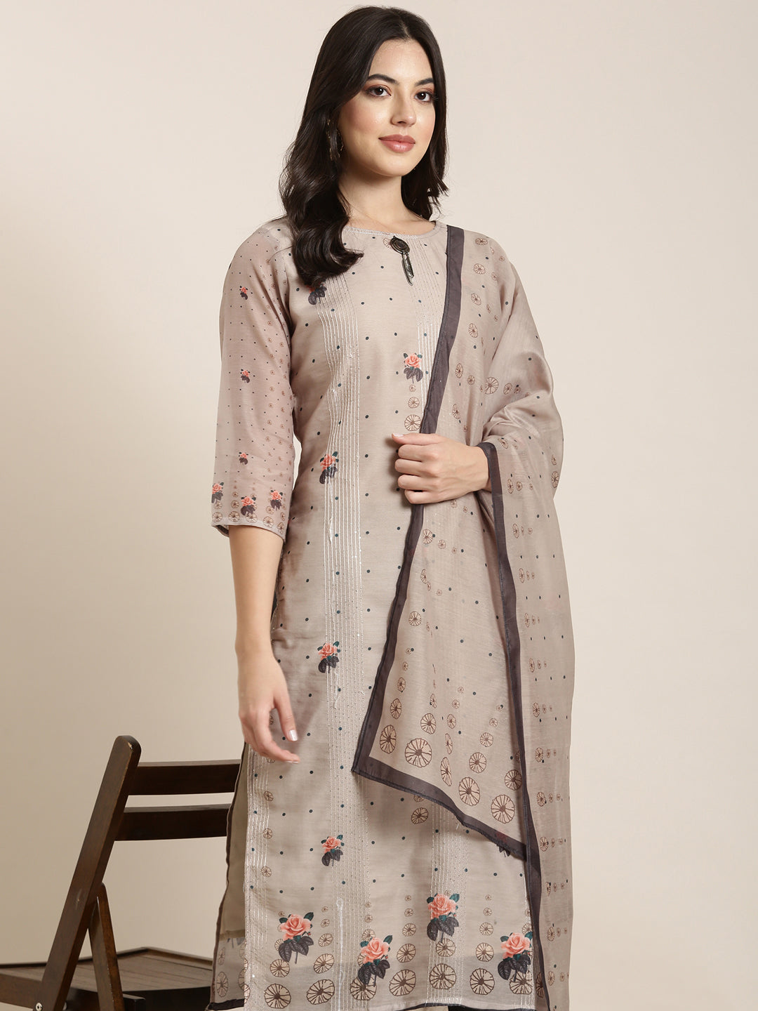 Women Straight Olive Floral Kurta and Trousers Set Comes With Dupatta