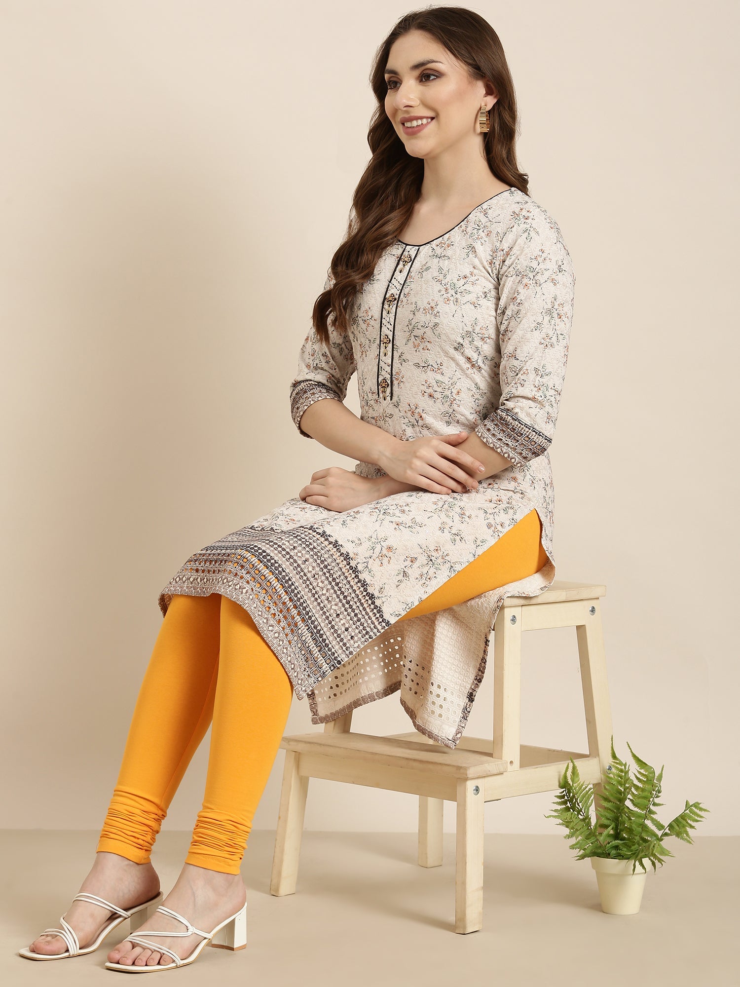 Women Straight Beige Floral Kurta