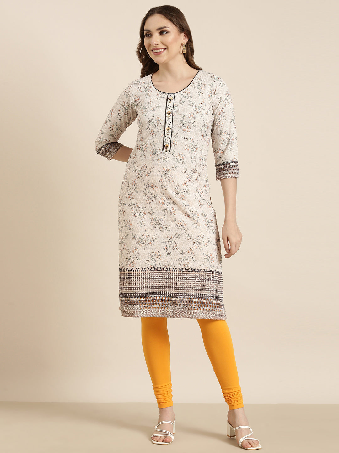 Women Straight Beige Floral Kurta