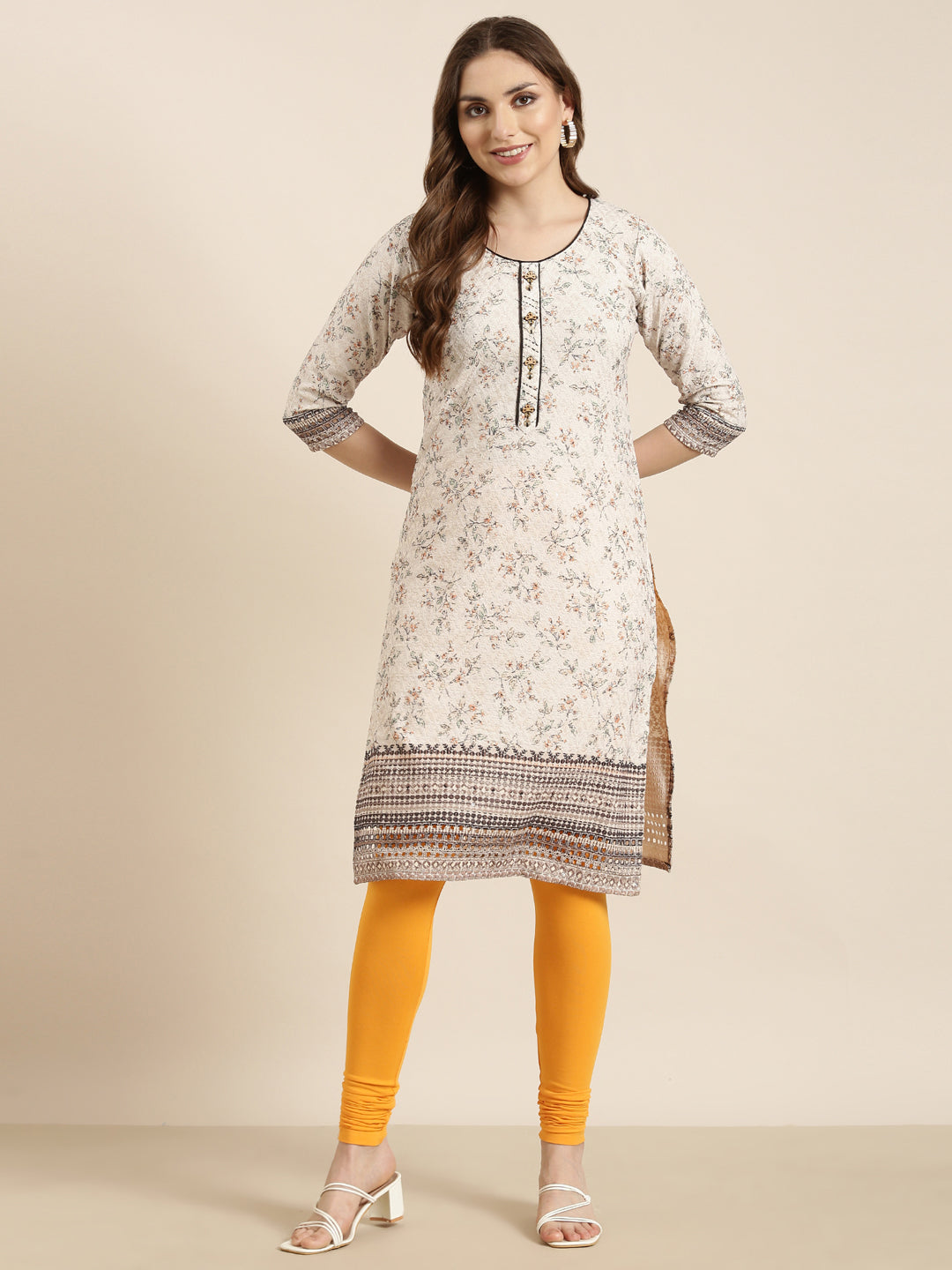 Women Straight Beige Floral Kurta