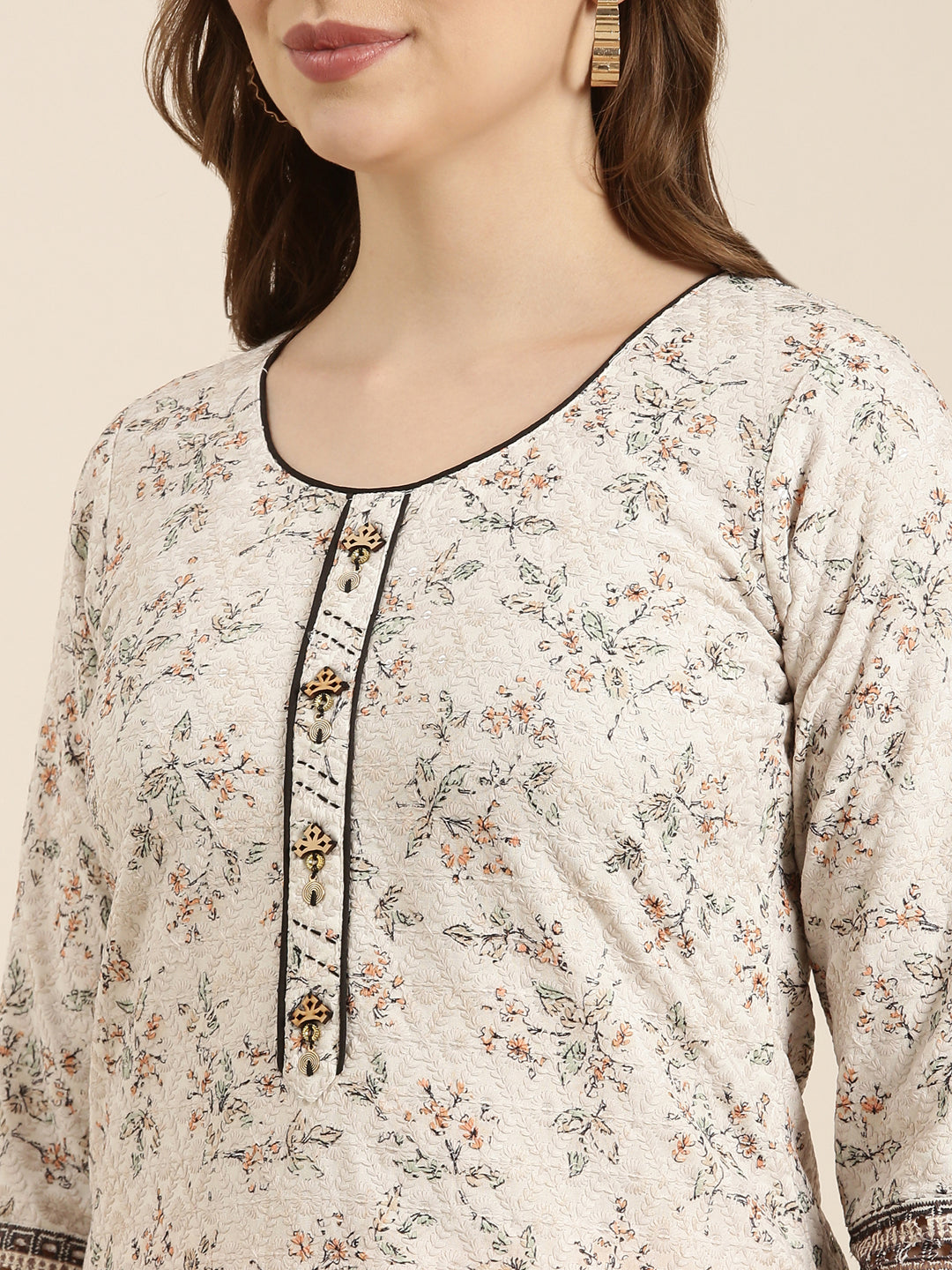 Women Straight Beige Floral Kurta