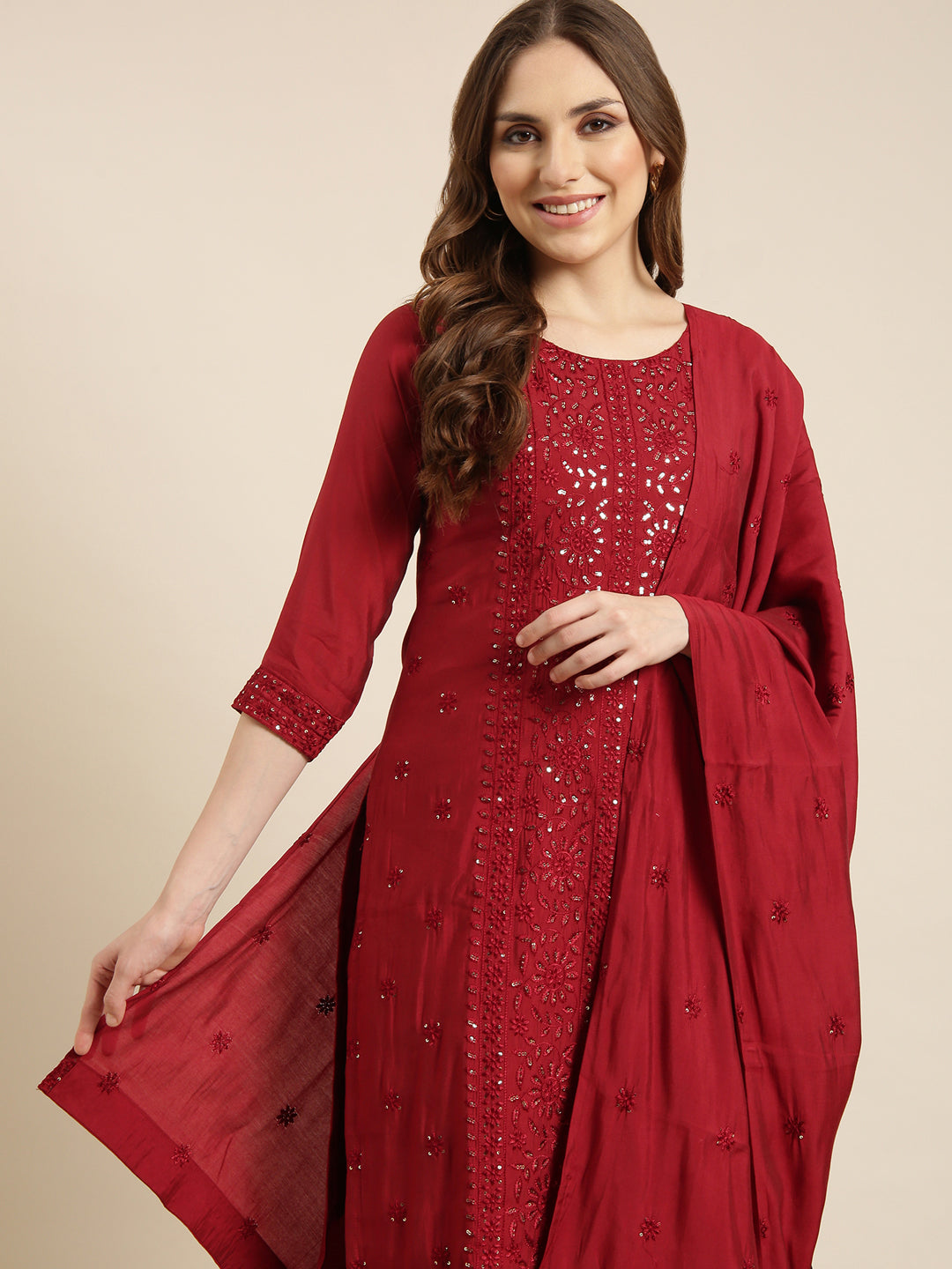 Women Straight Maroon Floral Kurta and Trousers Set Comes With Dupatta