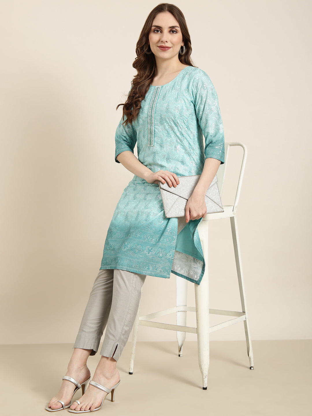 Women Straight Sea Green Floral Kurta