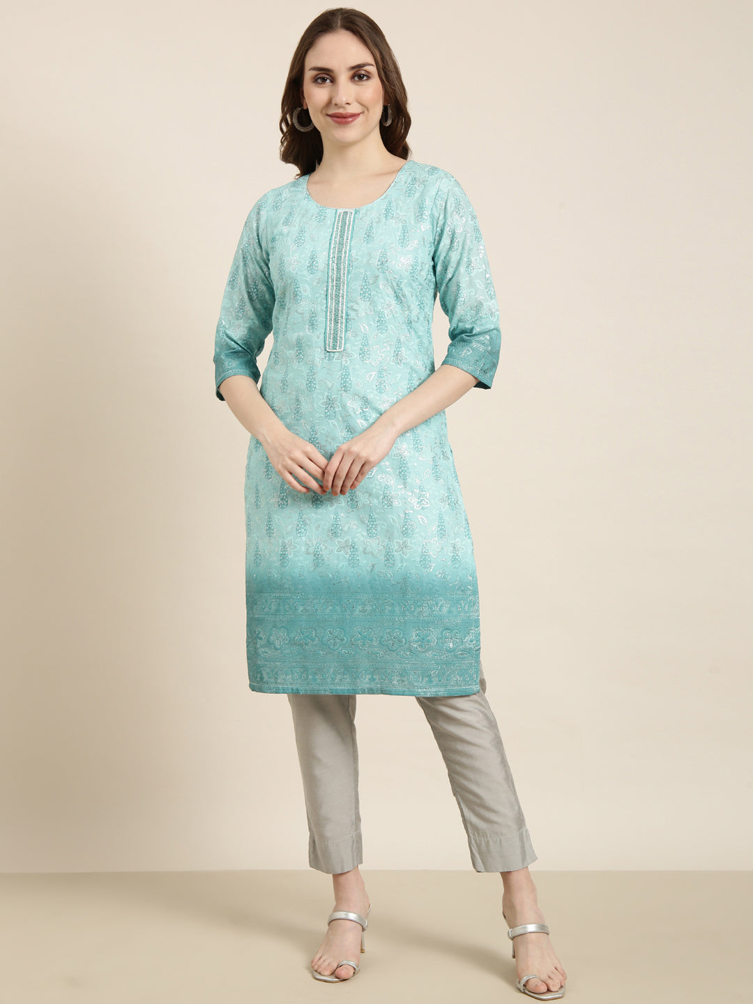 Women Straight Sea Green Floral Kurta