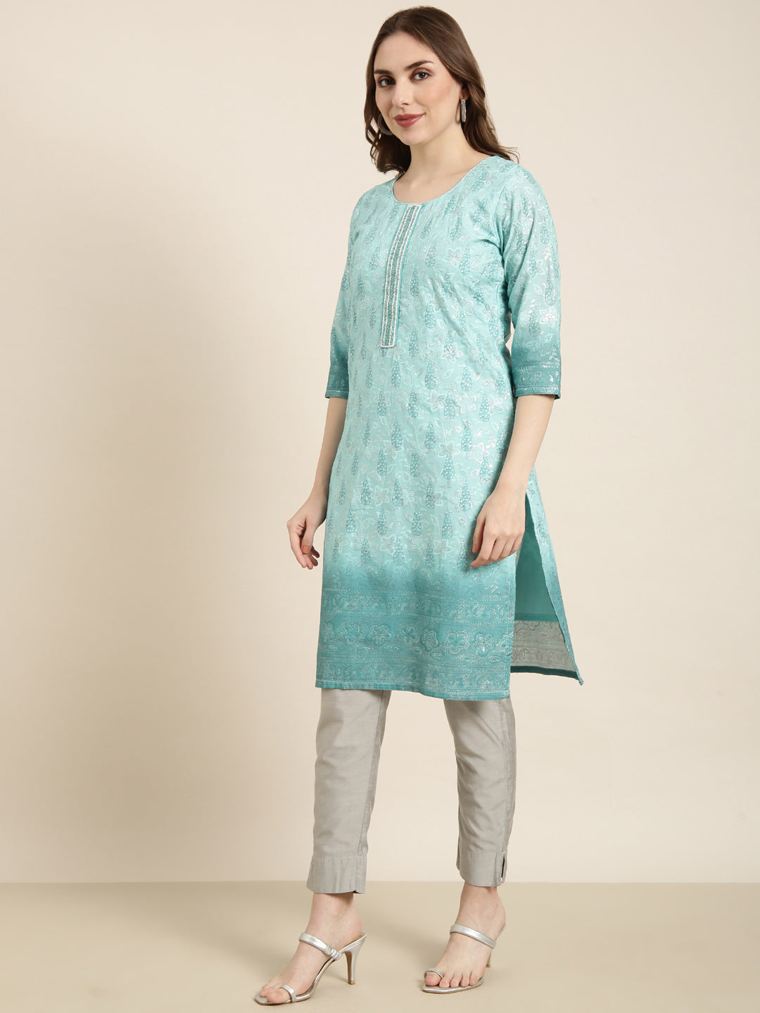 Women Straight Sea Green Floral Kurta