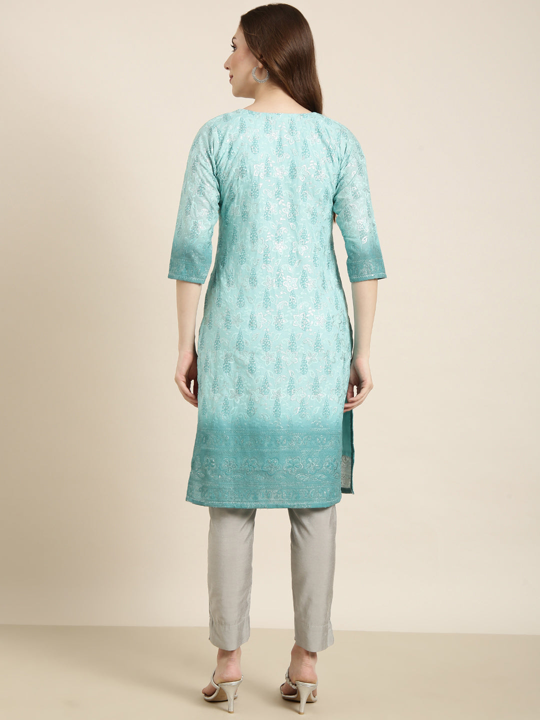 Women Straight Sea Green Floral Kurta