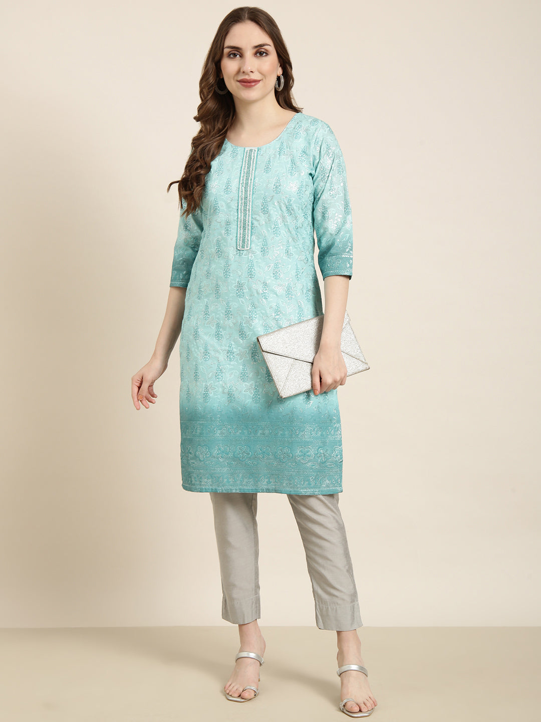 Women Straight Sea Green Floral Kurta