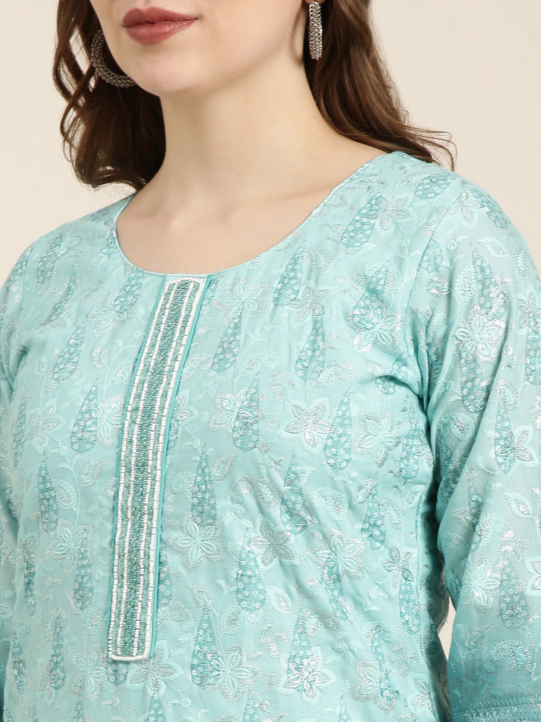 Women Straight Sea Green Floral Kurta