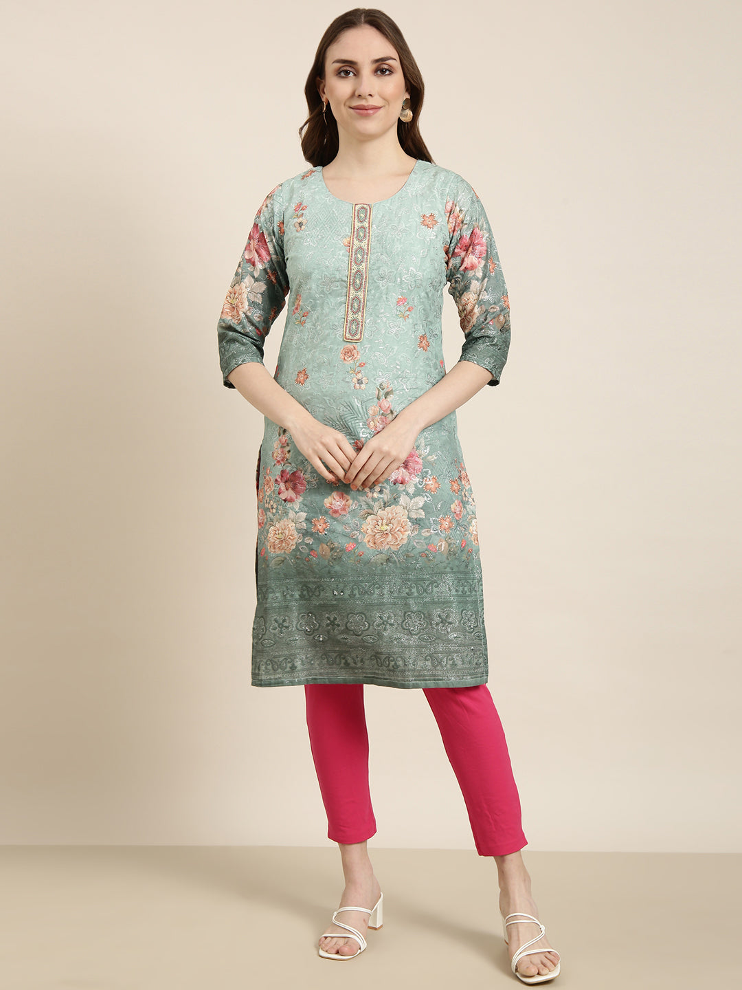 Women Straight Green Floral Kurta