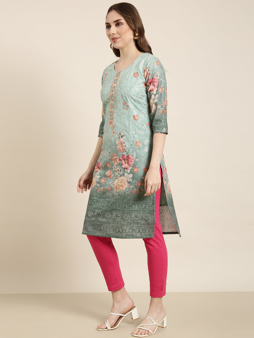 Women Straight Green Floral Kurta