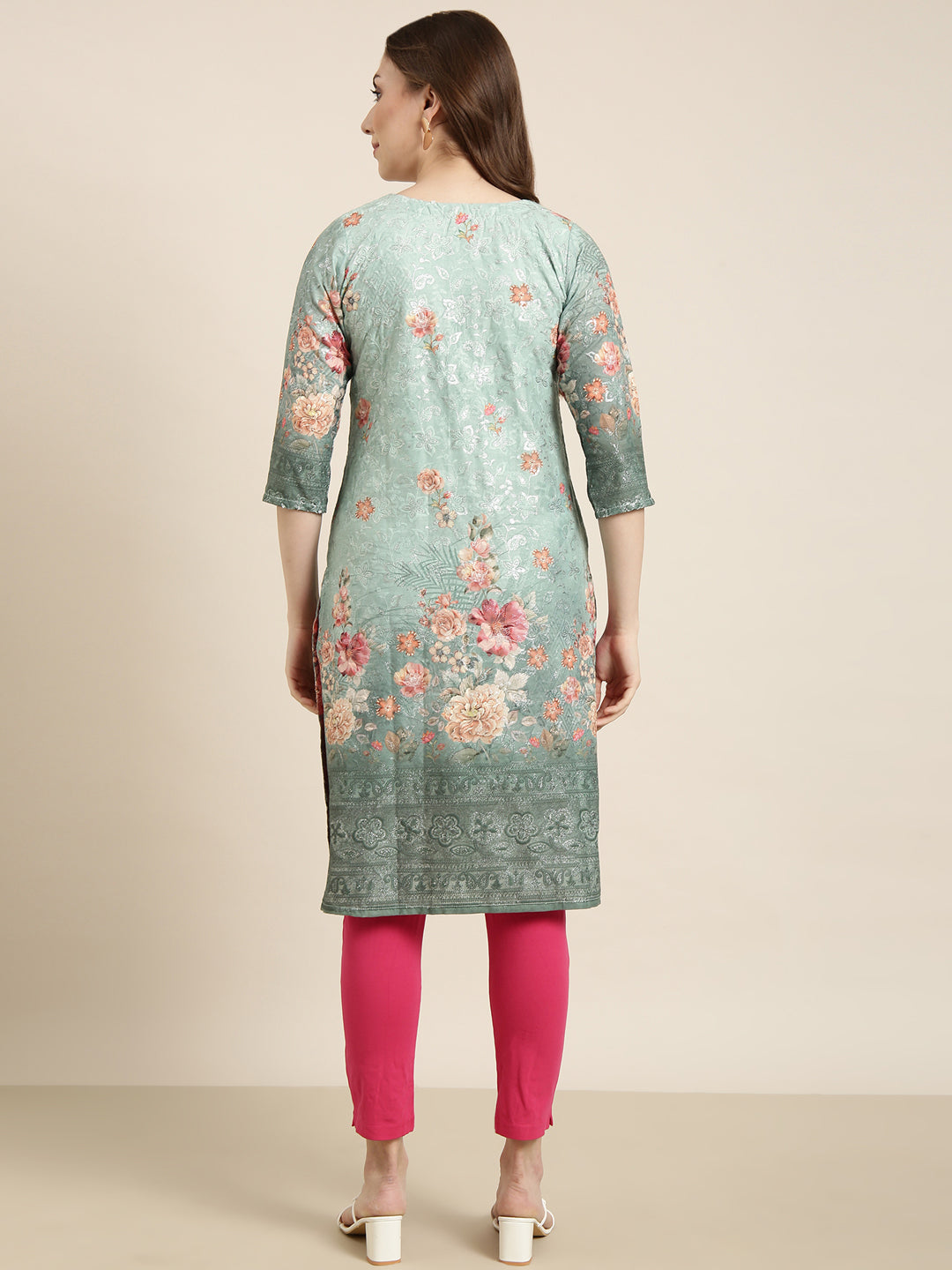 Women Straight Green Floral Kurta