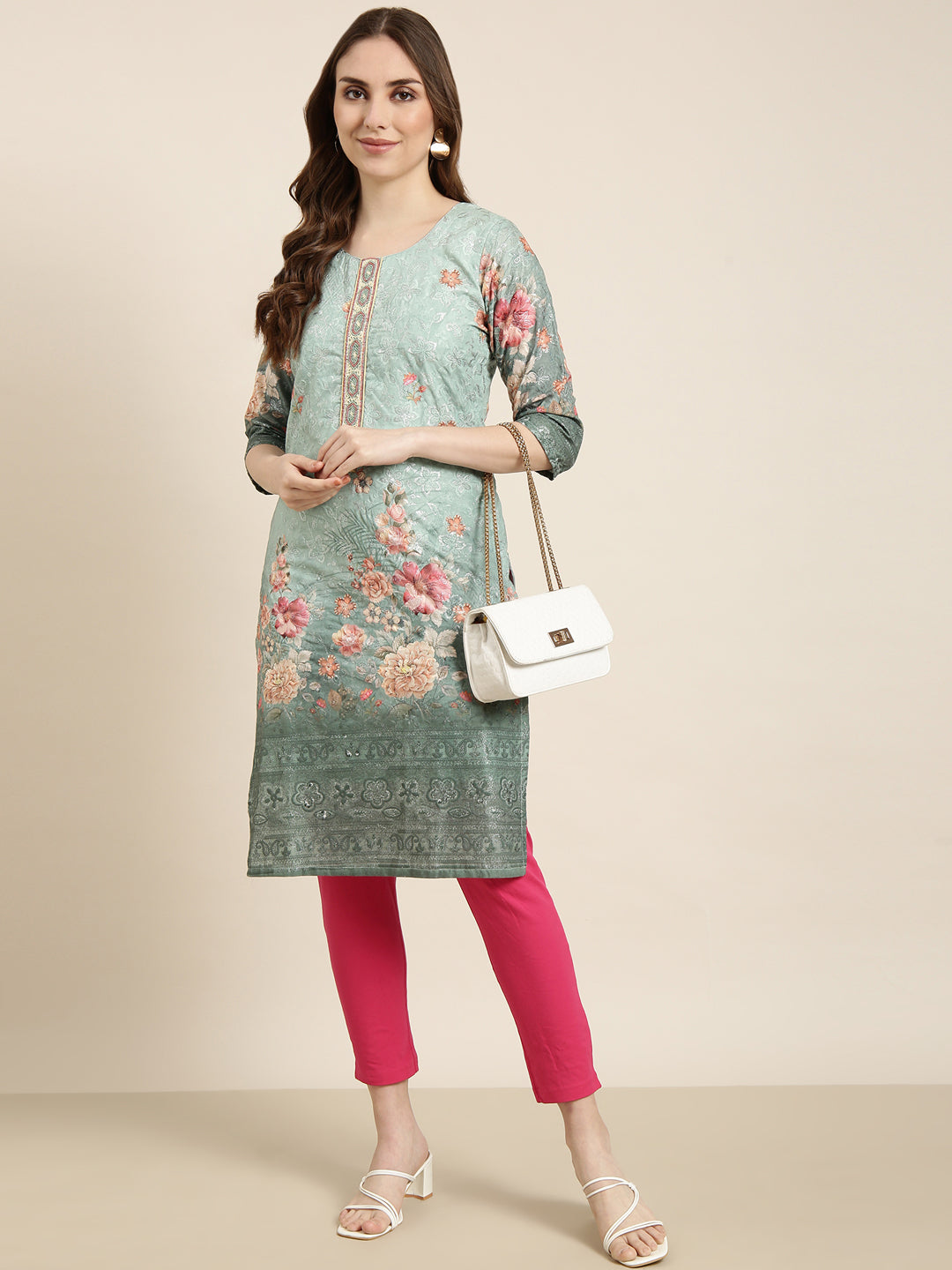 Women Straight Green Floral Kurta