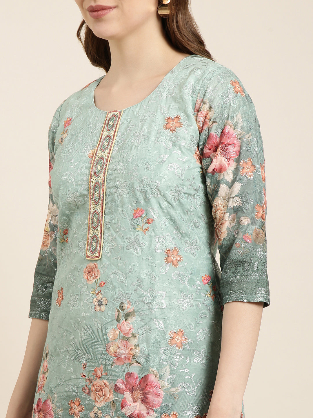 Women Straight Green Floral Kurta