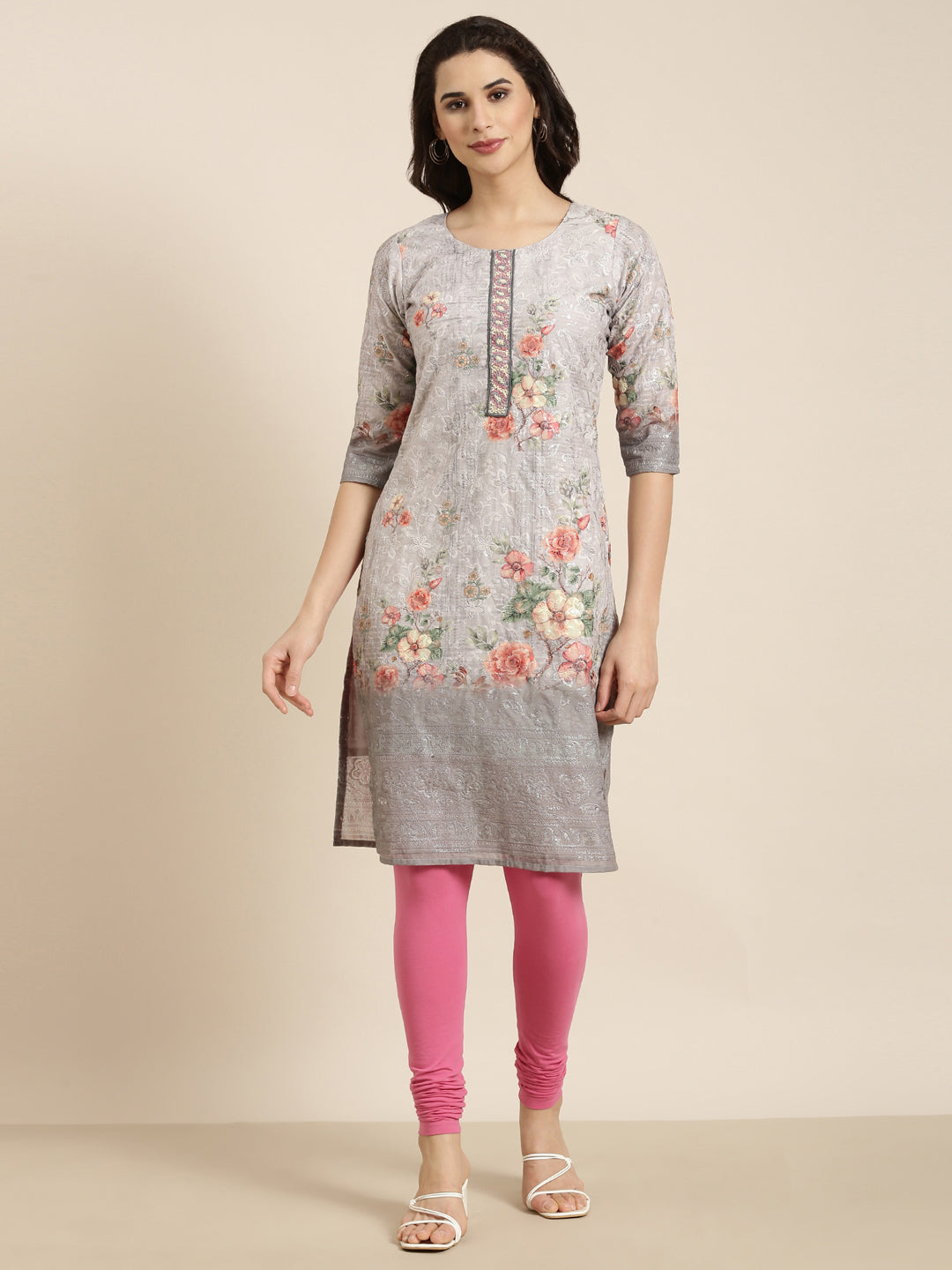 Women Straight Grey Floral Kurta