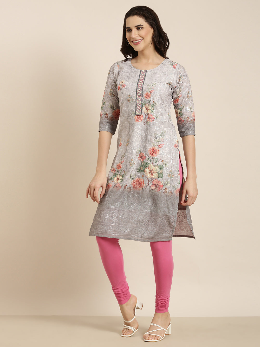 Women Straight Grey Floral Kurta