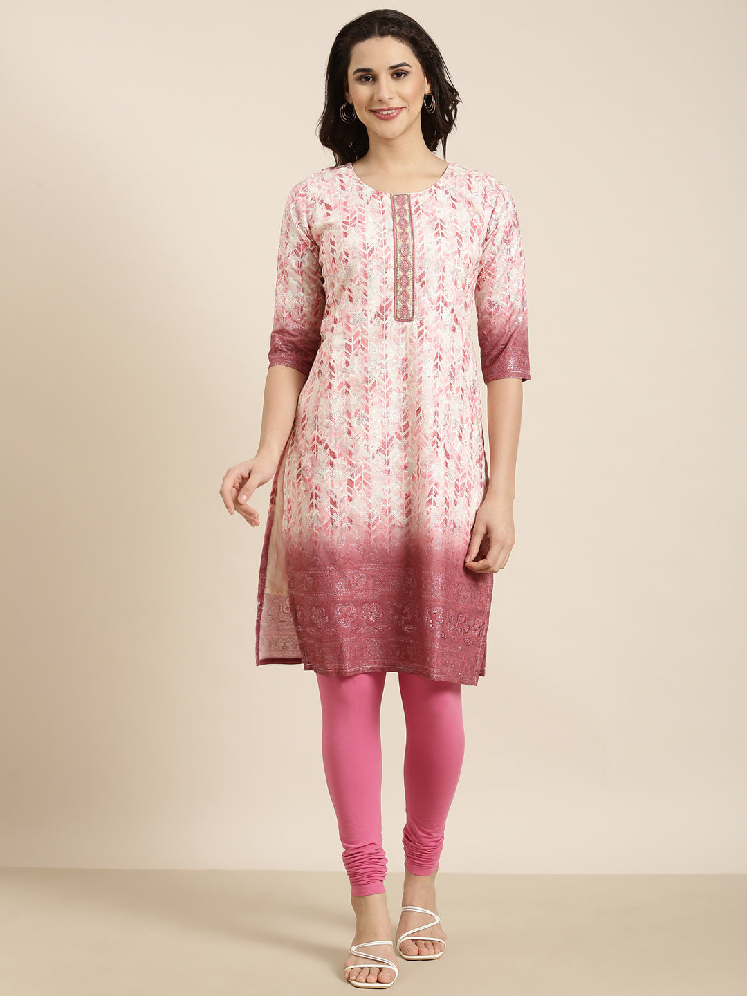 Women Straight Pink Floral Kurta