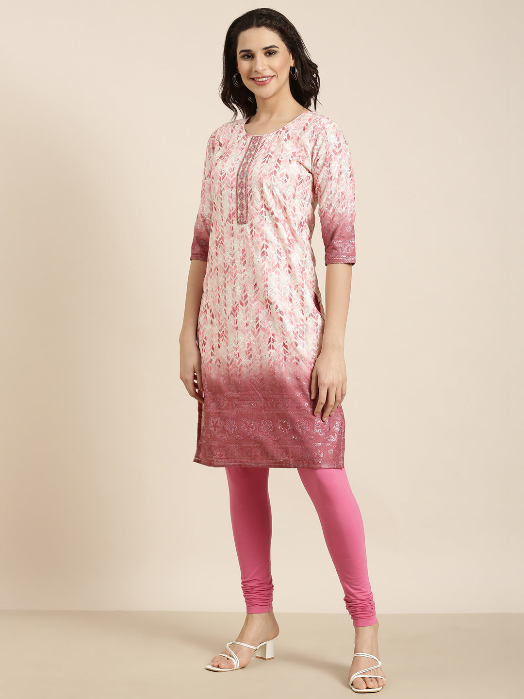 Women Straight Pink Floral Kurta