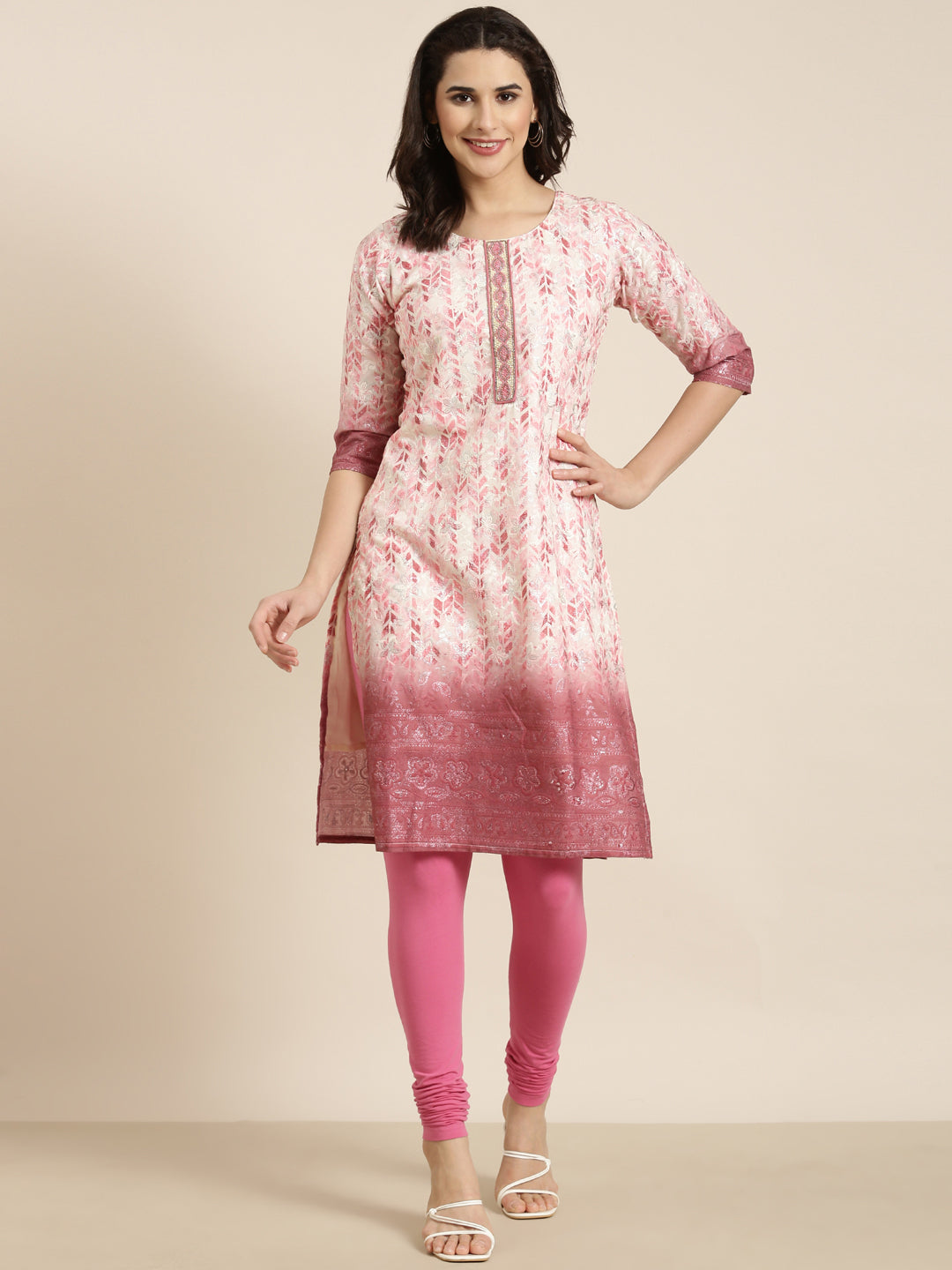 Women Straight Pink Floral Kurta