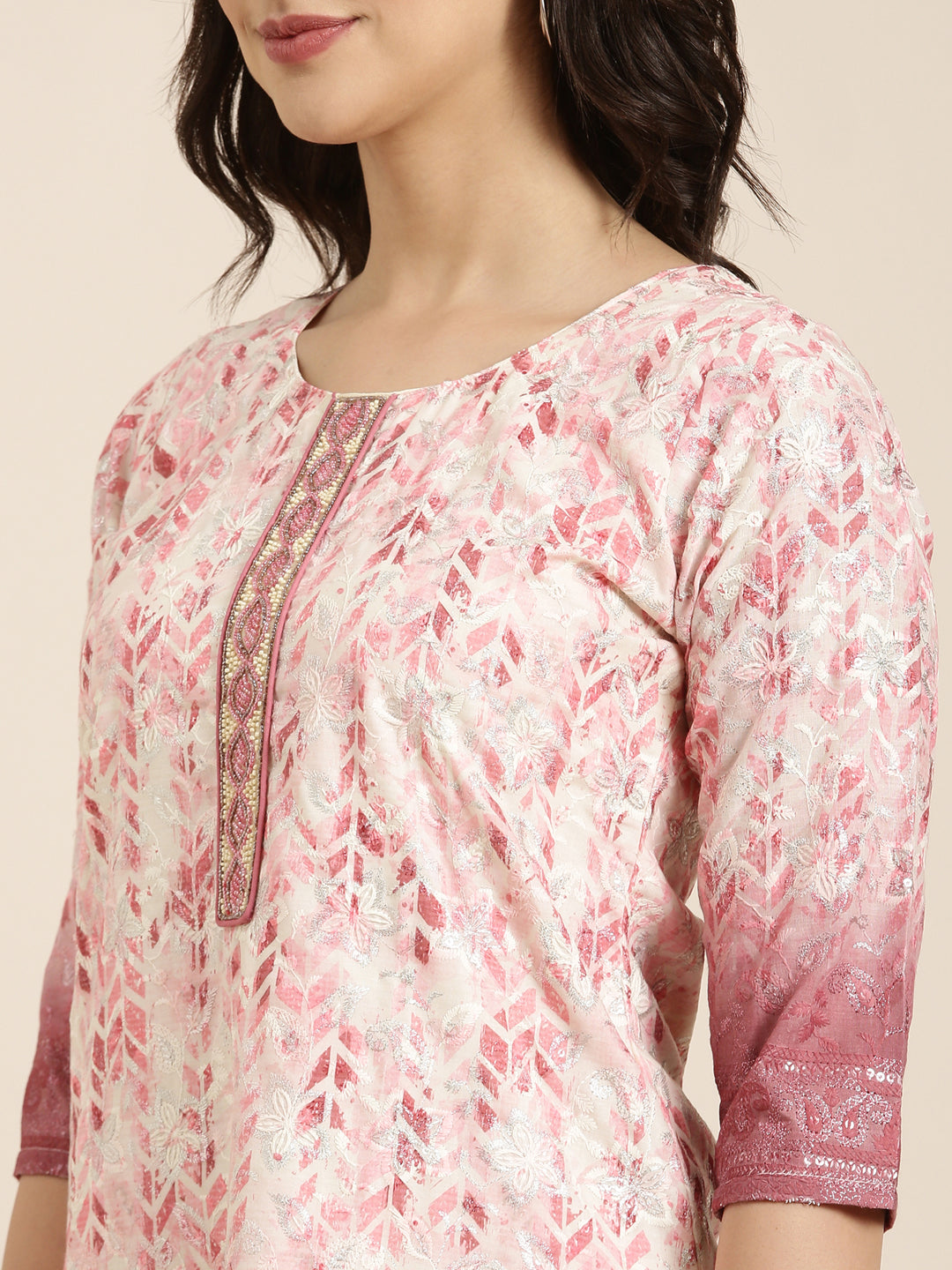 Women Straight Pink Floral Kurta