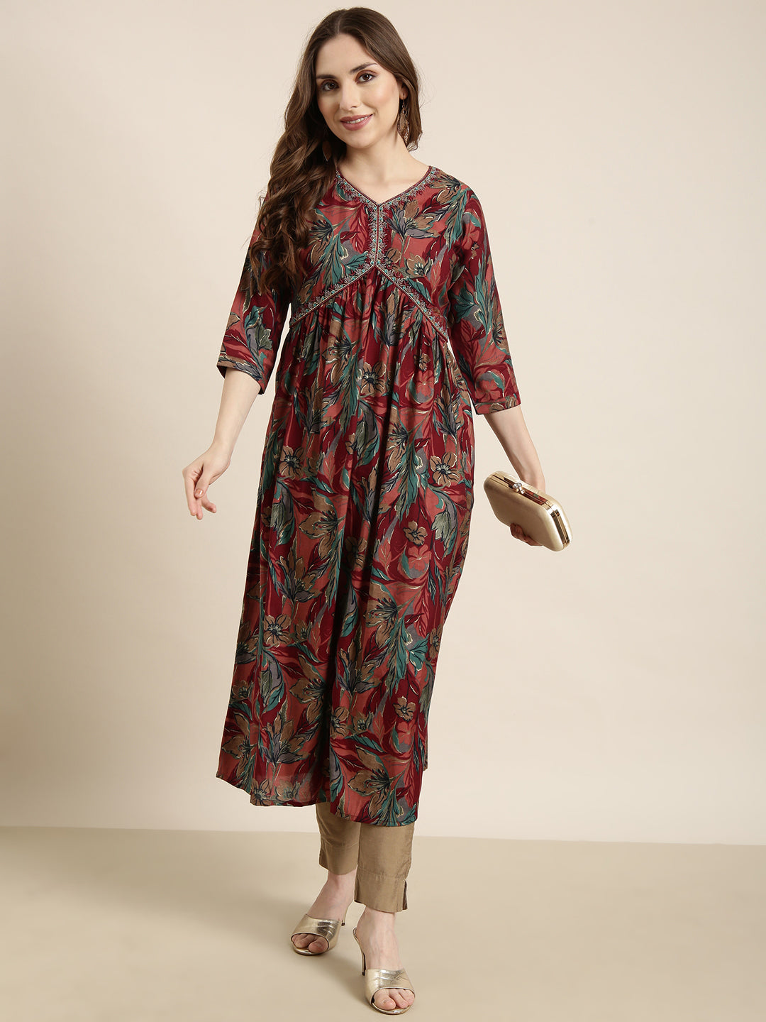 Women Anarkali Maroon Floral Kurta