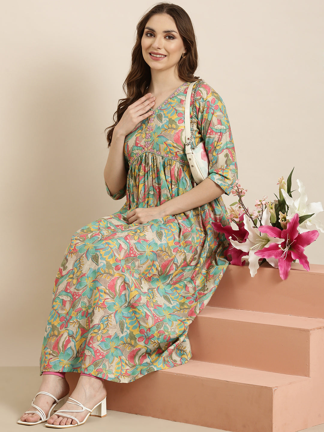 Women Anarkali Sea Green Floral Kurta