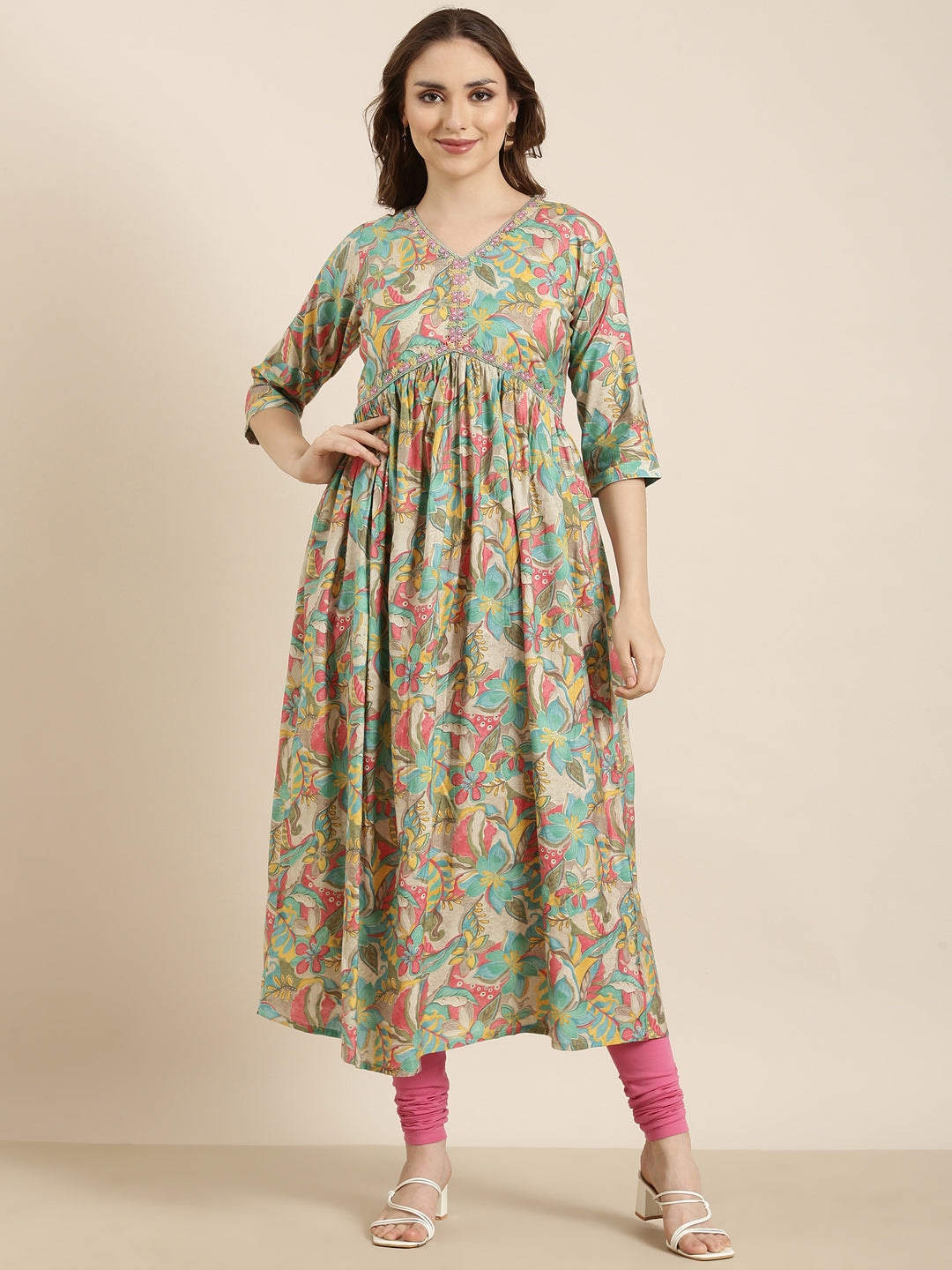 Women Anarkali Sea Green Floral Kurta