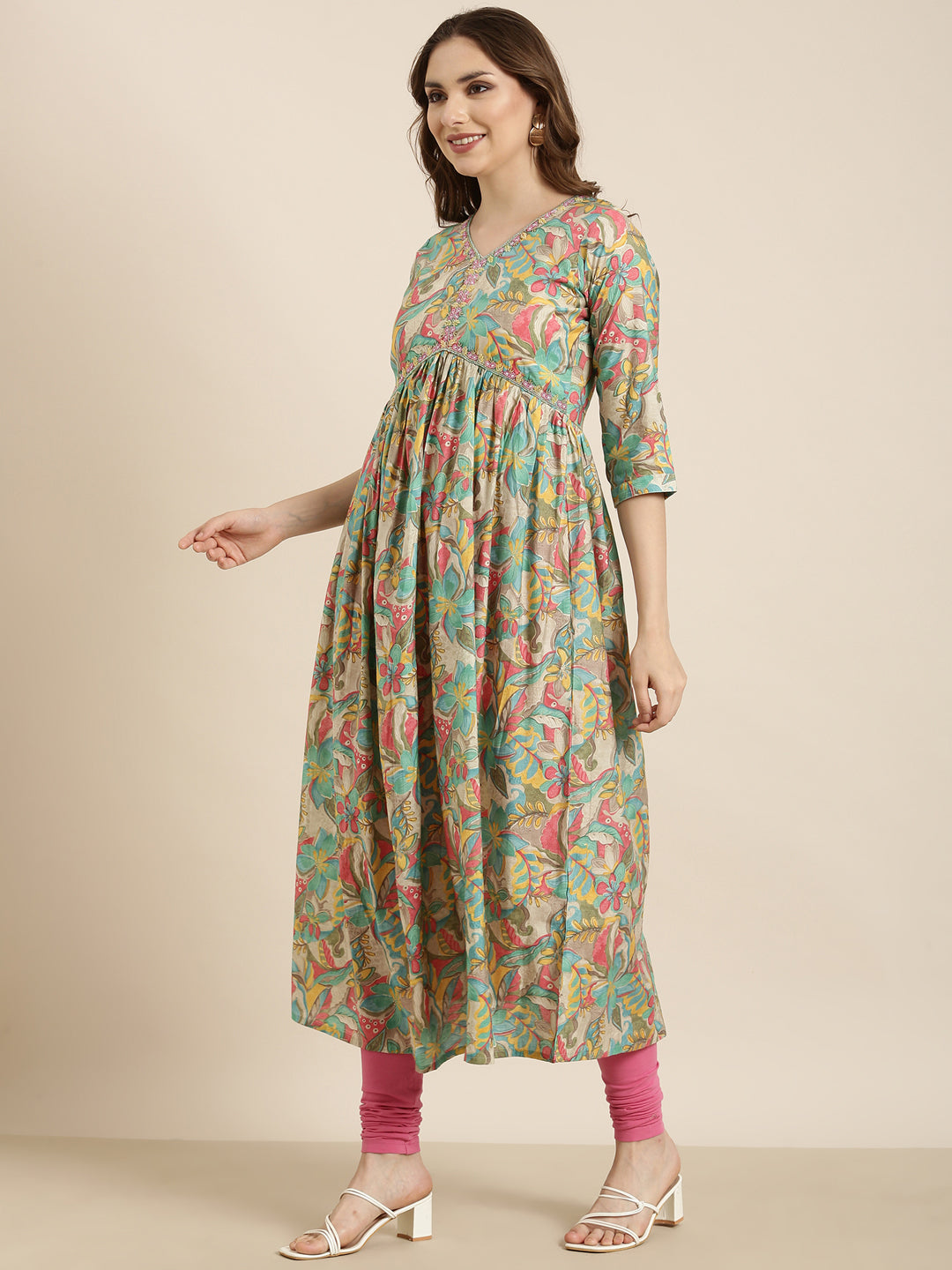 Women Anarkali Sea Green Floral Kurta