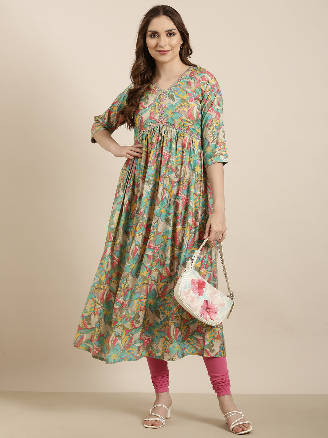 Women Anarkali Sea Green Floral Kurta