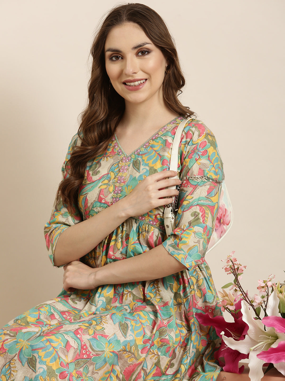 Women Anarkali Sea Green Floral Kurta