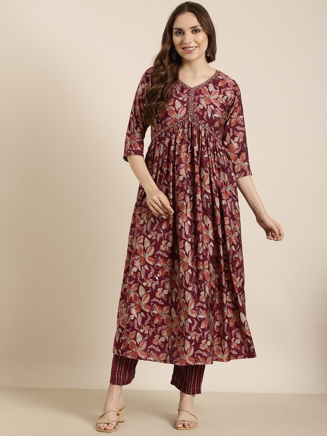 Women Anarkali Purple Floral Kurta and Trousers Set