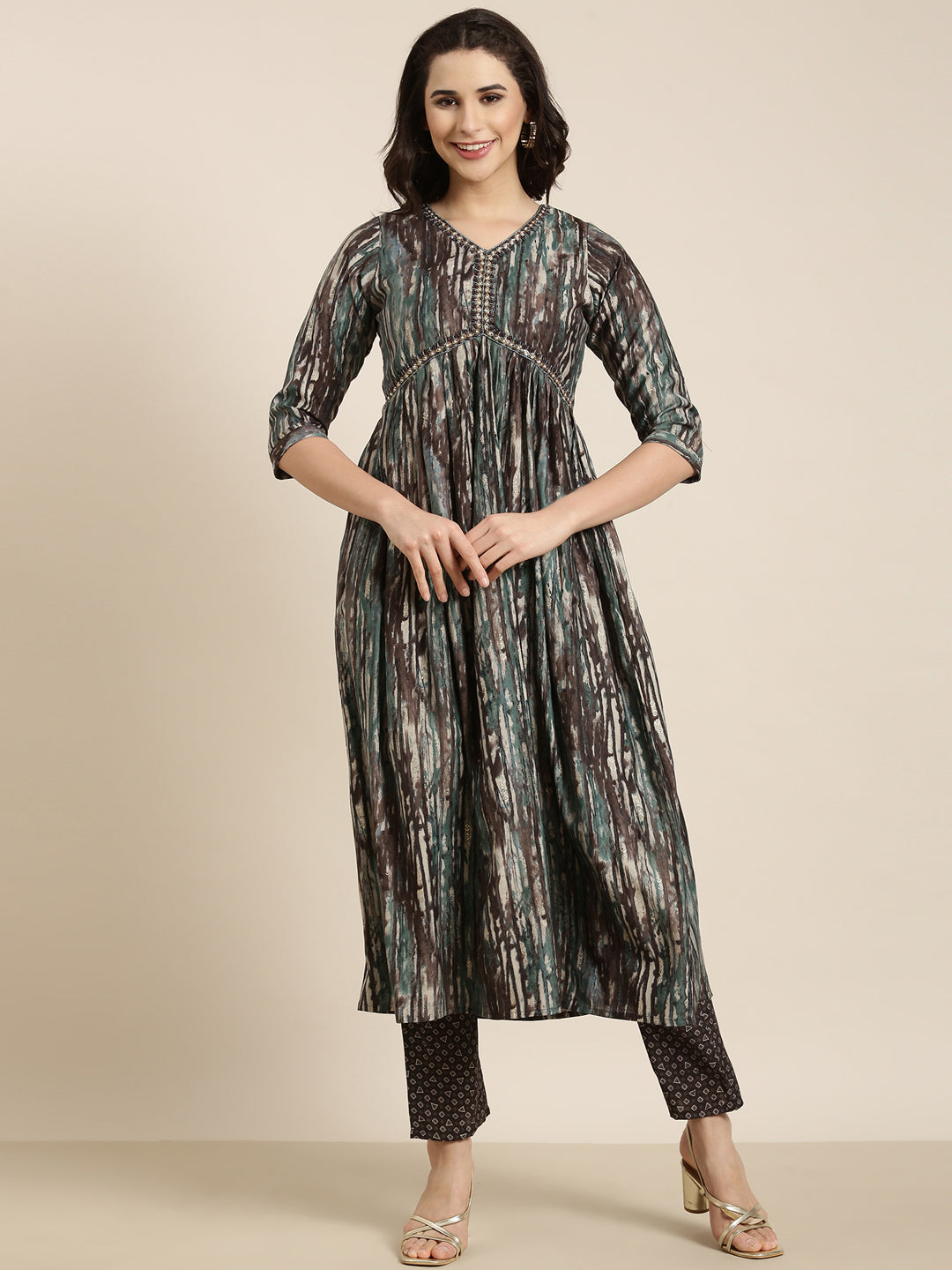 Women Anarkali Brown Abstract Kurta and Trousers Set