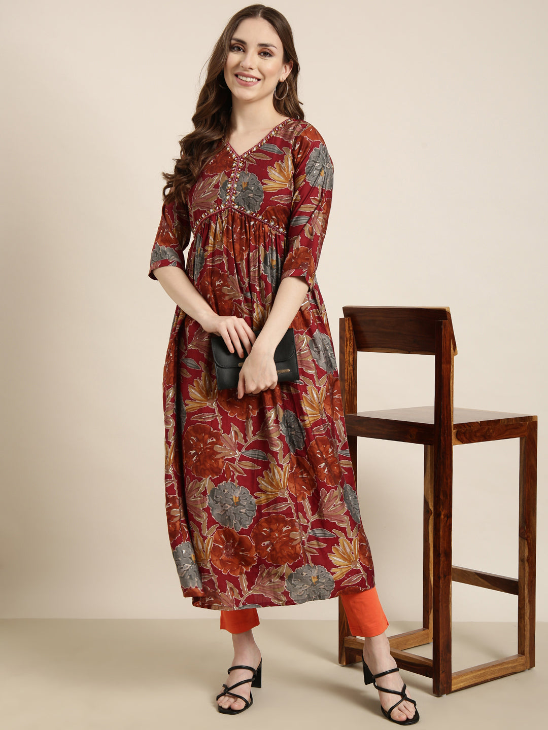 Women Anarkali Rust Floral Kurta