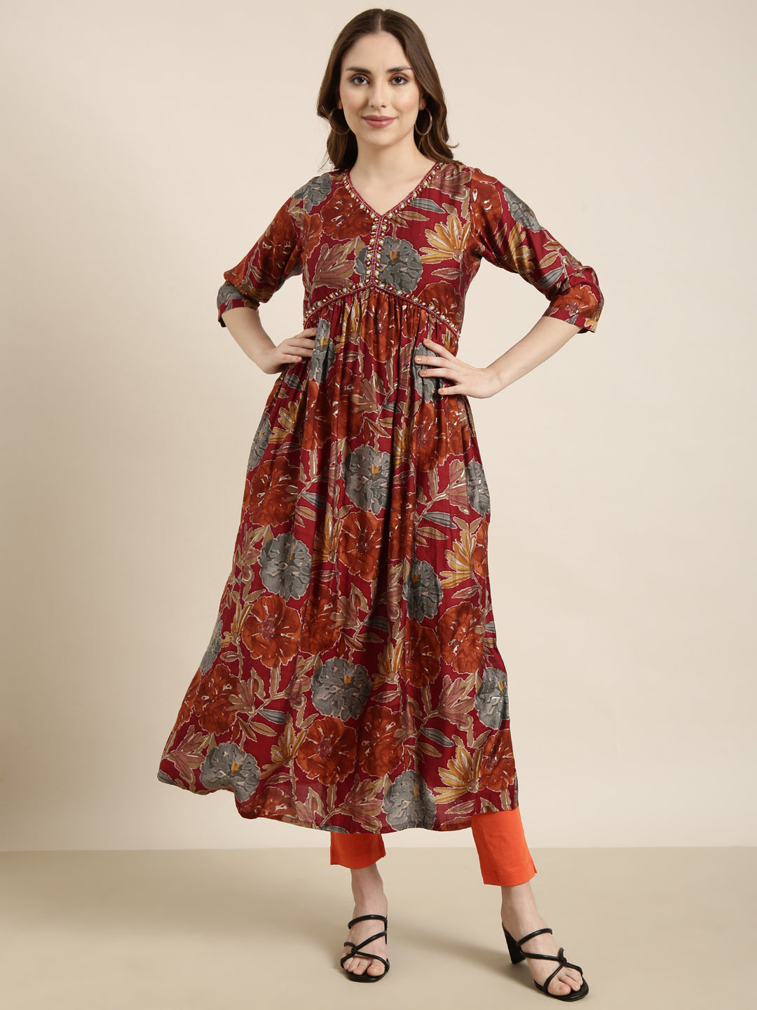 Women Anarkali Rust Floral Kurta