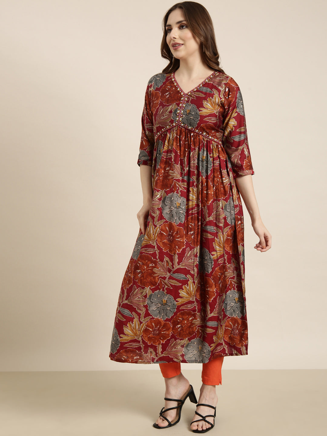 Women Anarkali Rust Floral Kurta