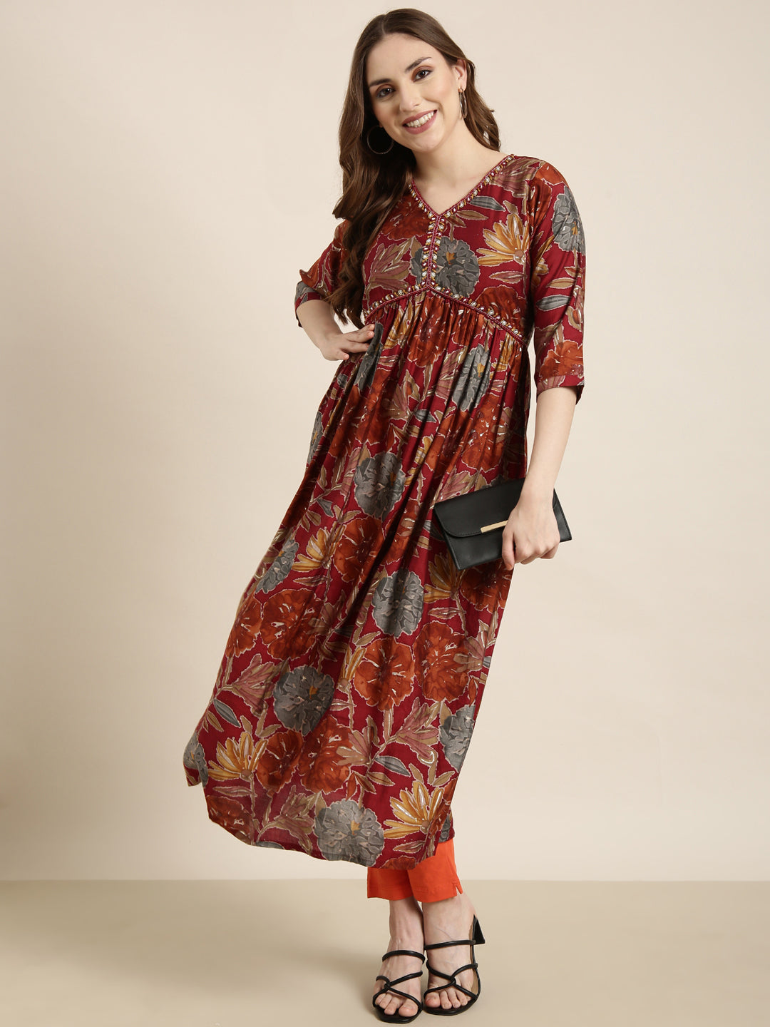 Women Anarkali Rust Floral Kurta