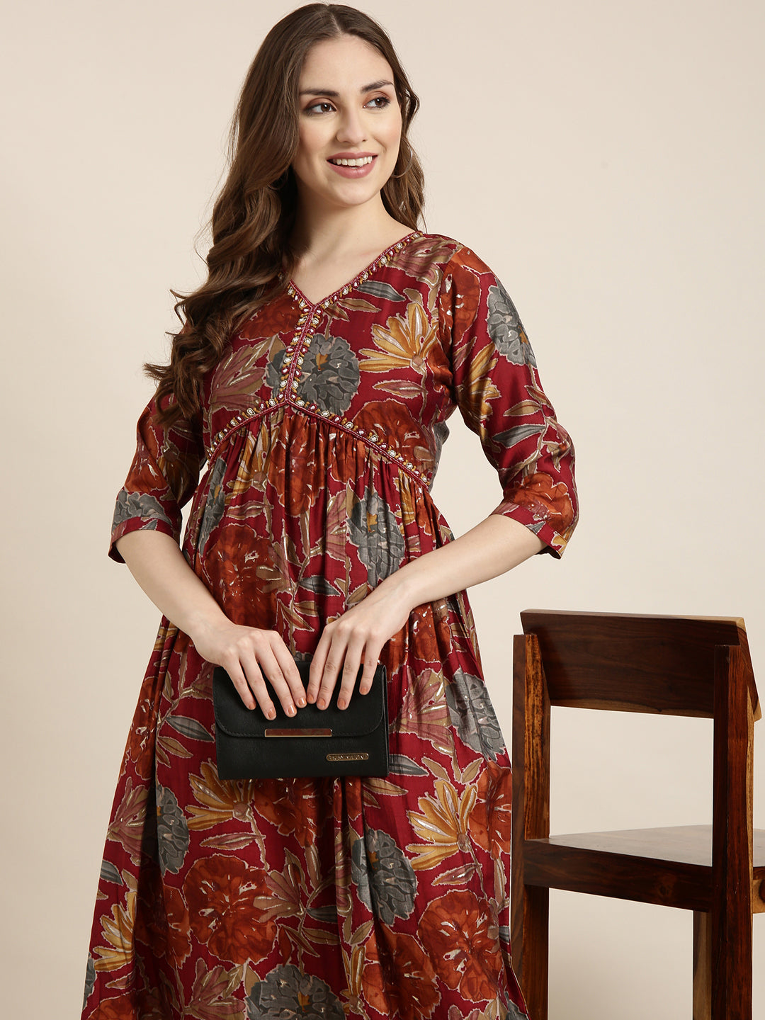 Women Anarkali Rust Floral Kurta