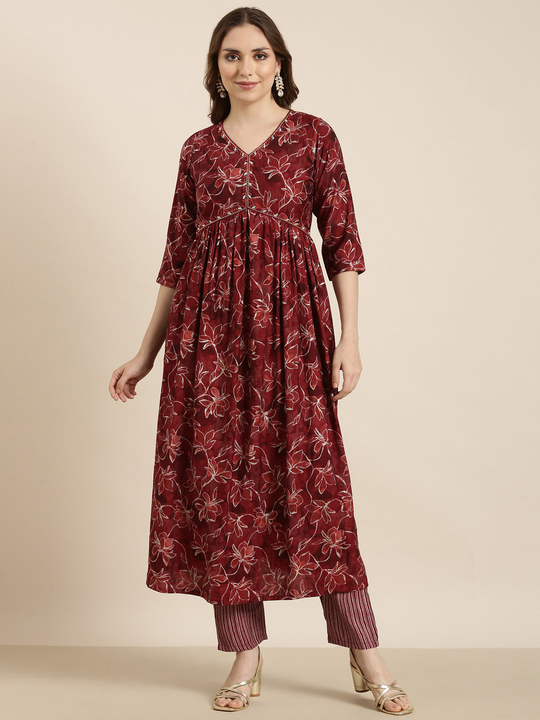 Women Anarkali Maroon Floral Kurta and Trousers Set