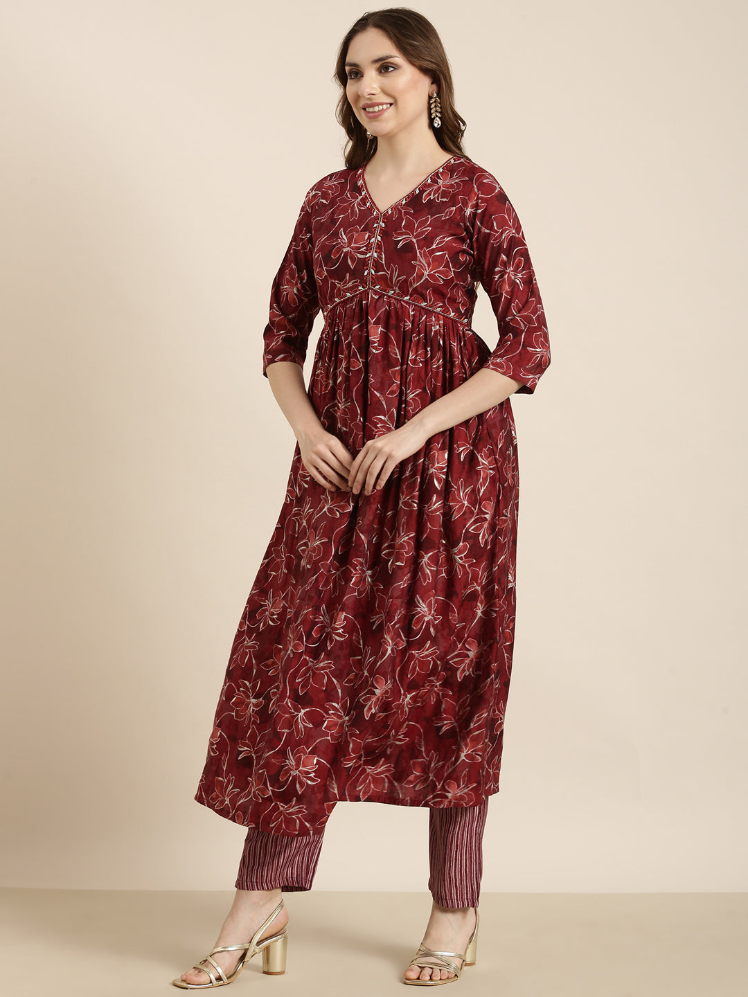 Women Anarkali Maroon Floral Kurta and Trousers Set