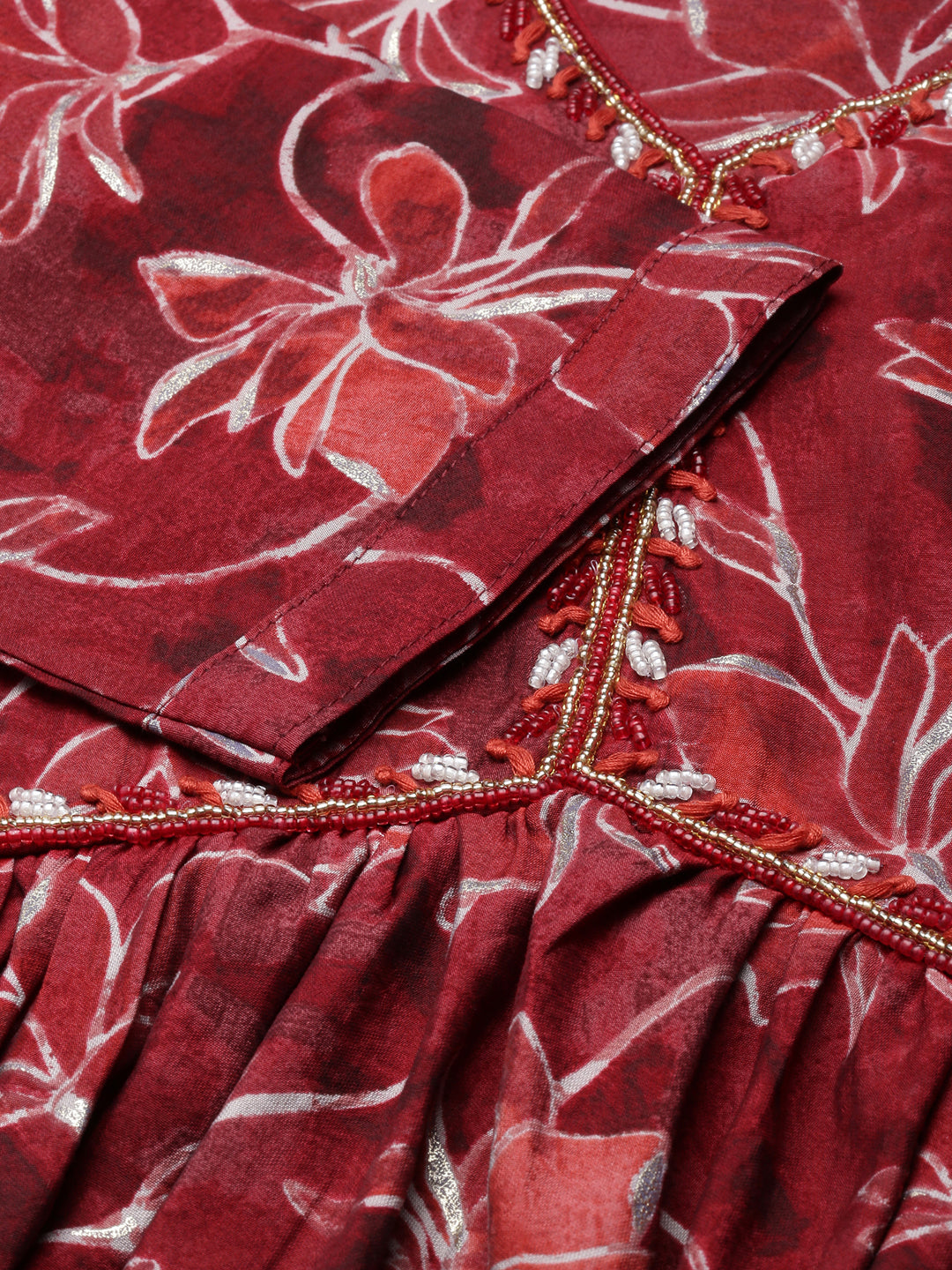 Women Anarkali Maroon Floral Kurta and Trousers Set