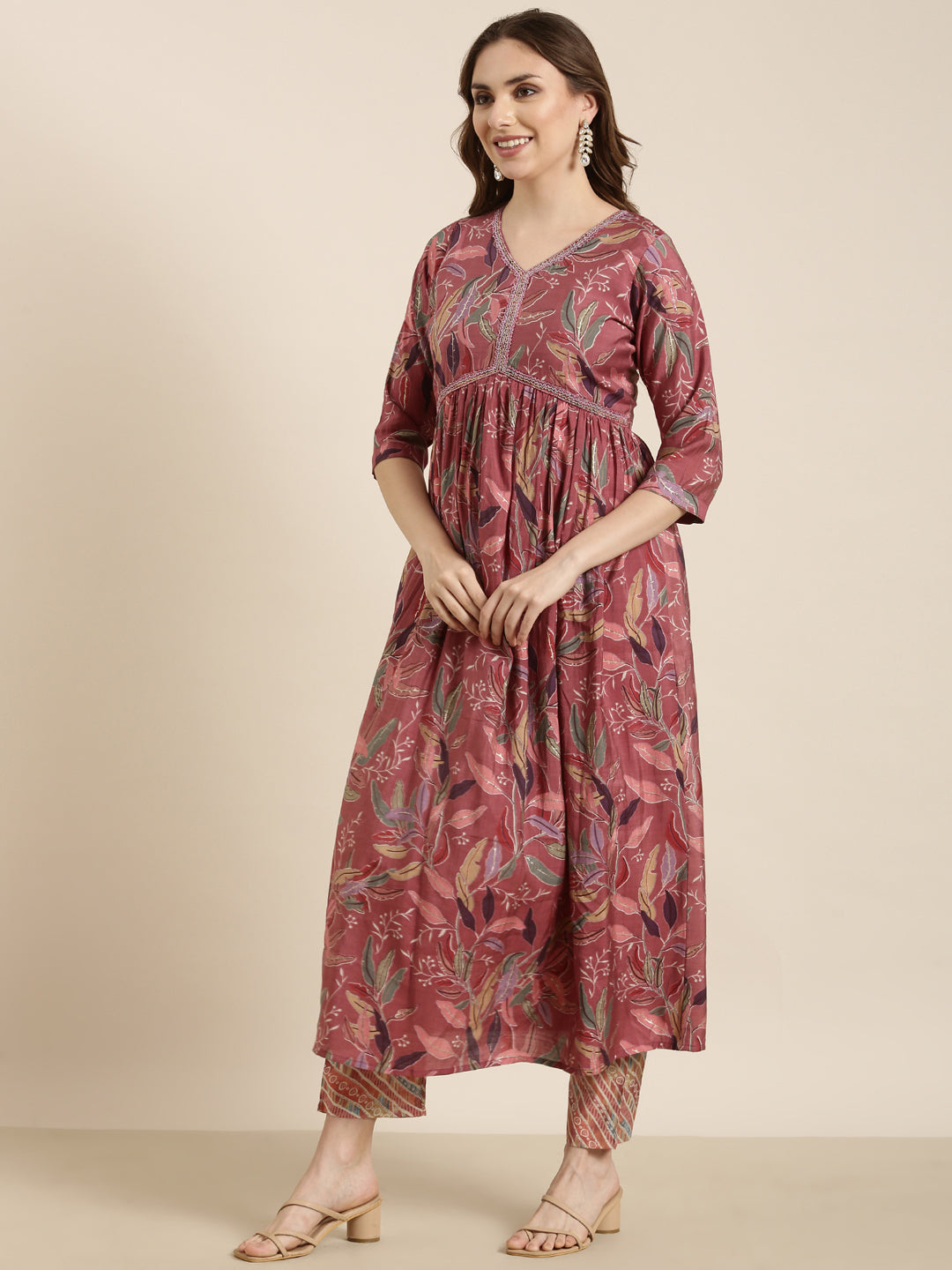 Women Anarkali Pink Floral Kurta and Trousers Set