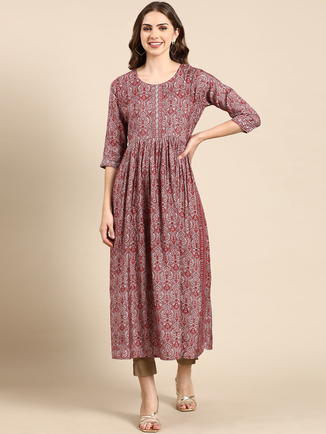 Women's Maroon Printed Anarkali Kurta