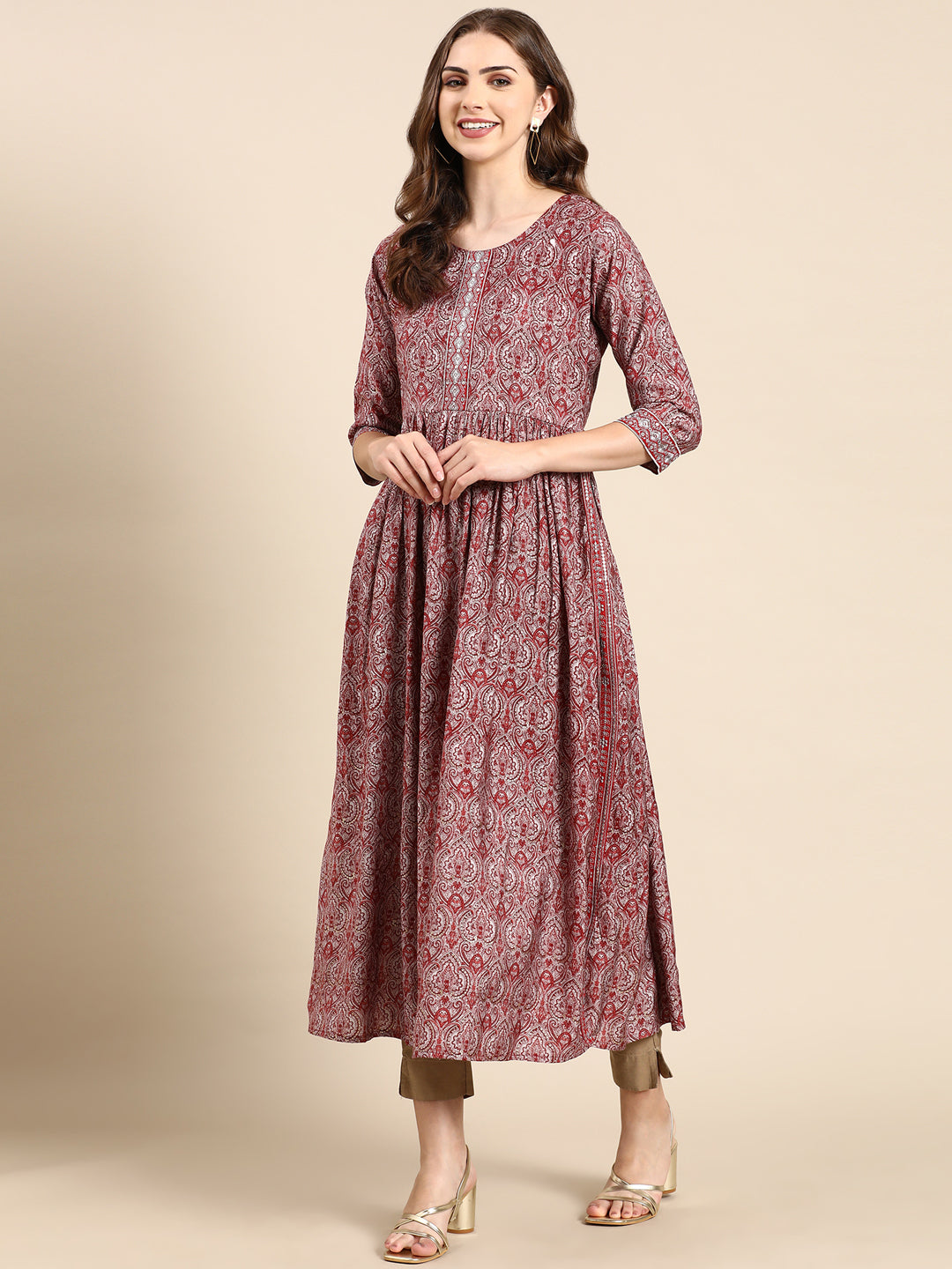 Women's Maroon Printed Anarkali Kurta