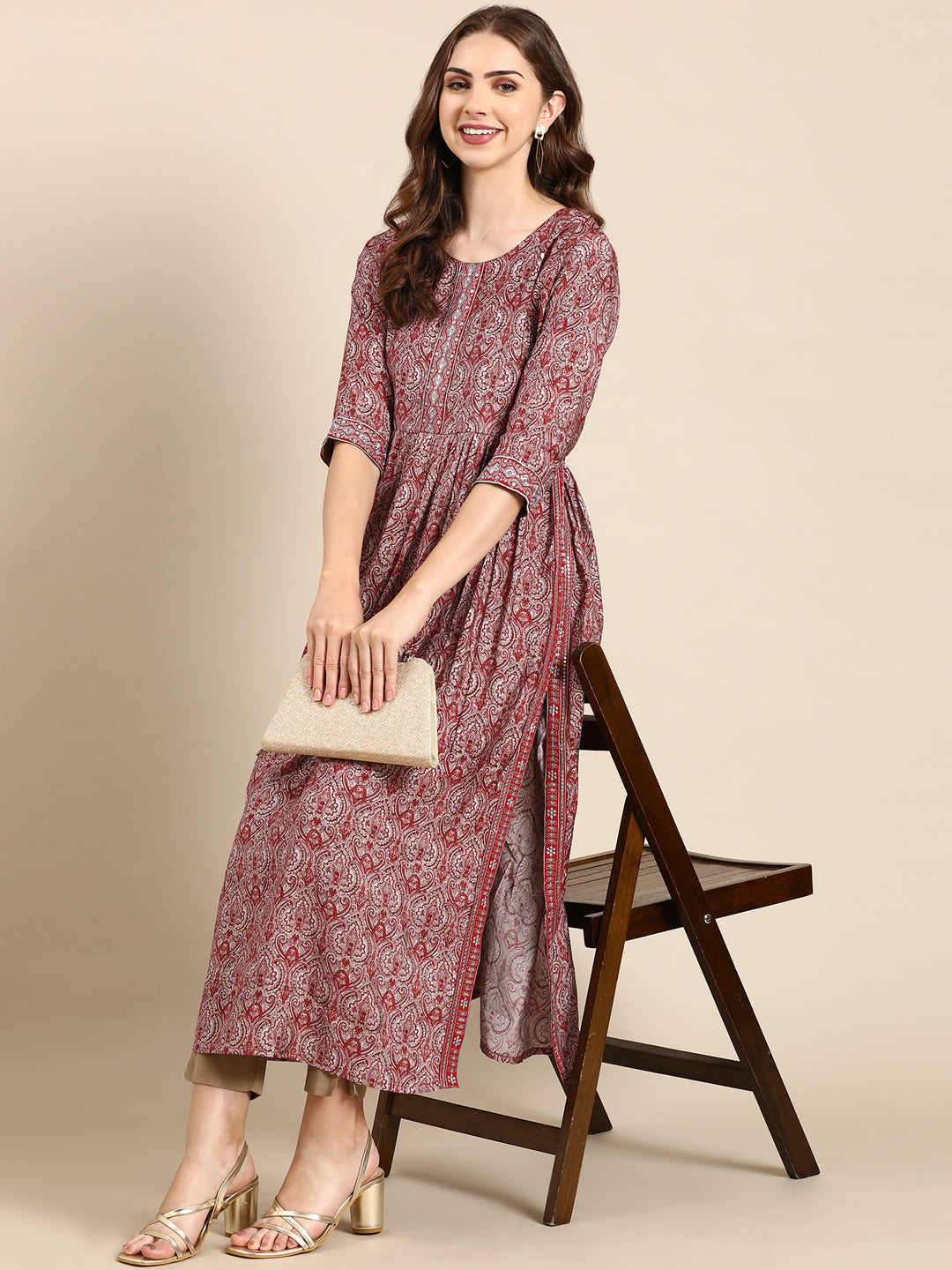 Women's Maroon Printed Anarkali Kurta