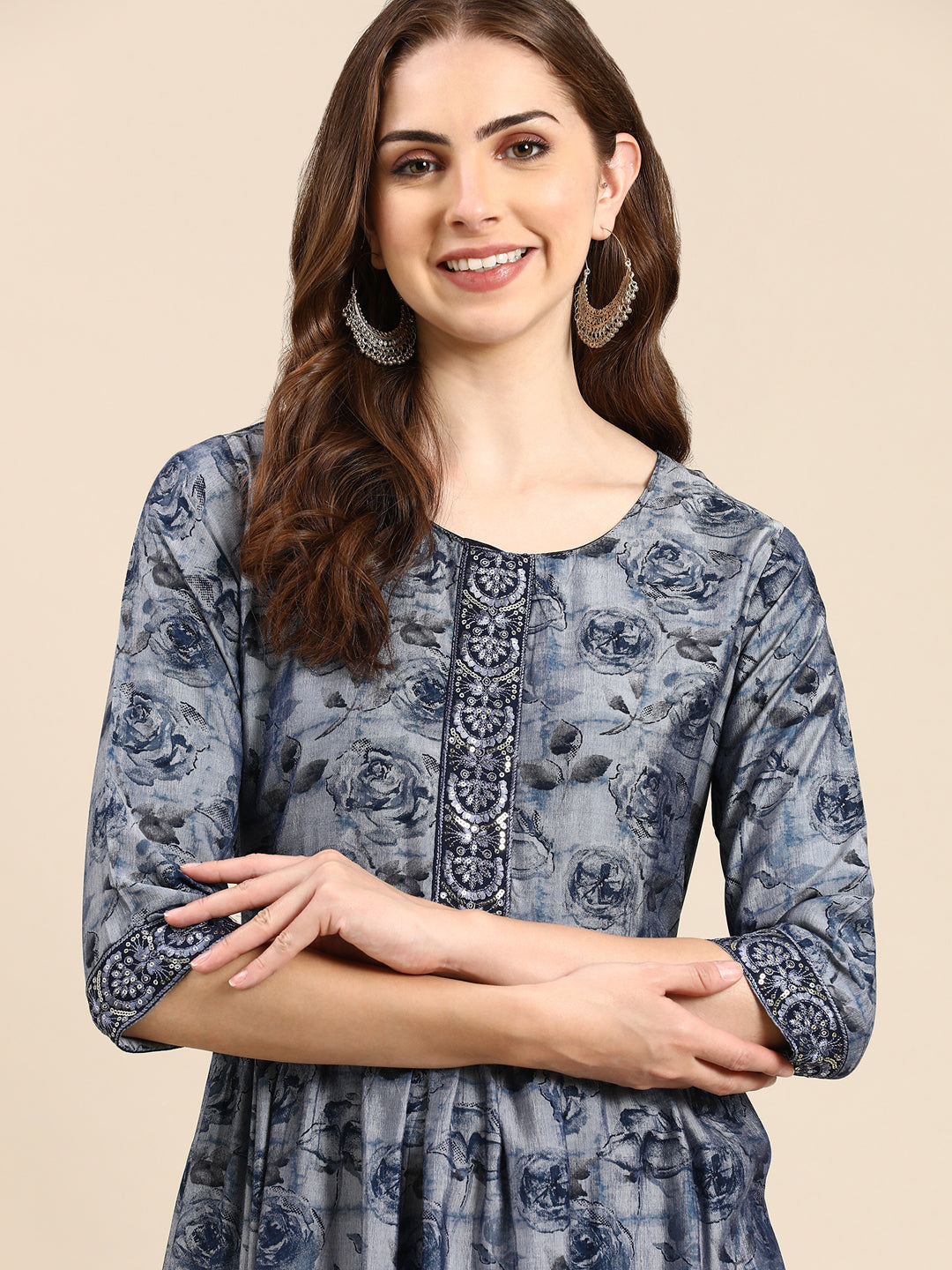 Women's Navy Blue Floral Anarkali Kurta