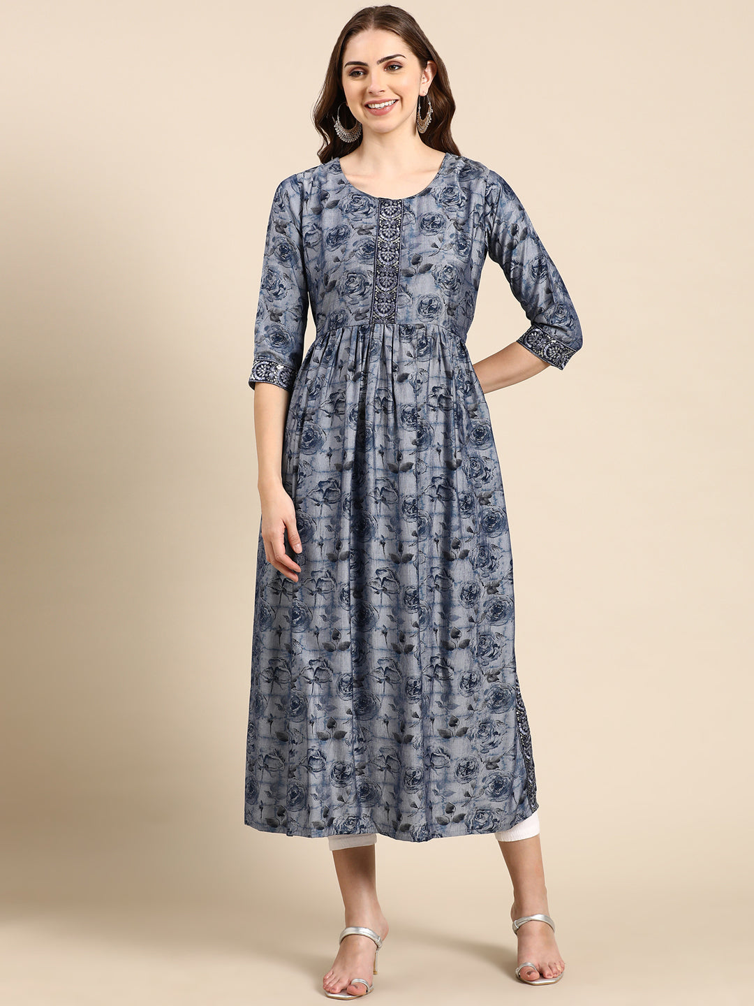 Women's Navy Blue Floral Anarkali Kurta