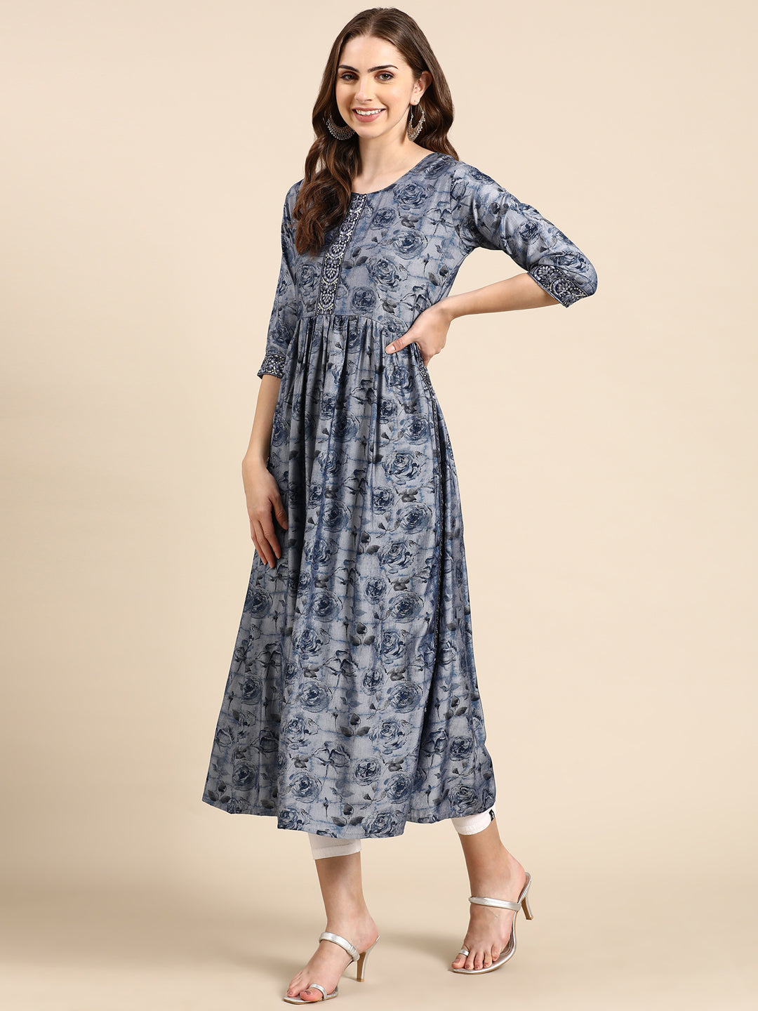 Women's Navy Blue Floral Anarkali Kurta