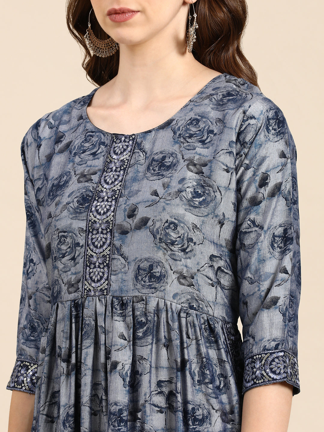 Women's Navy Blue Floral Anarkali Kurta