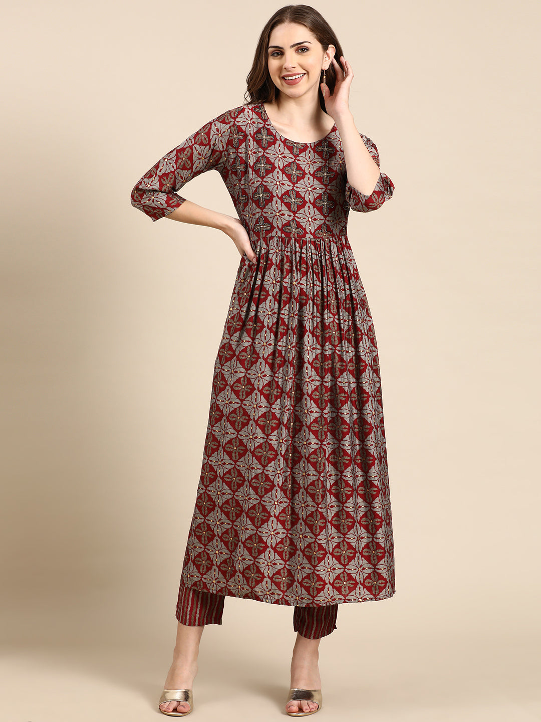 Women's Maroon Printed Kurta Set