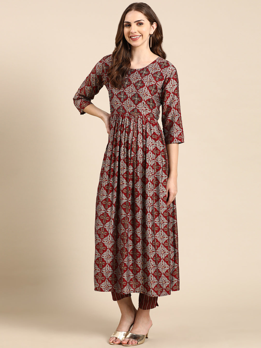 Women's Maroon Printed Kurta Set